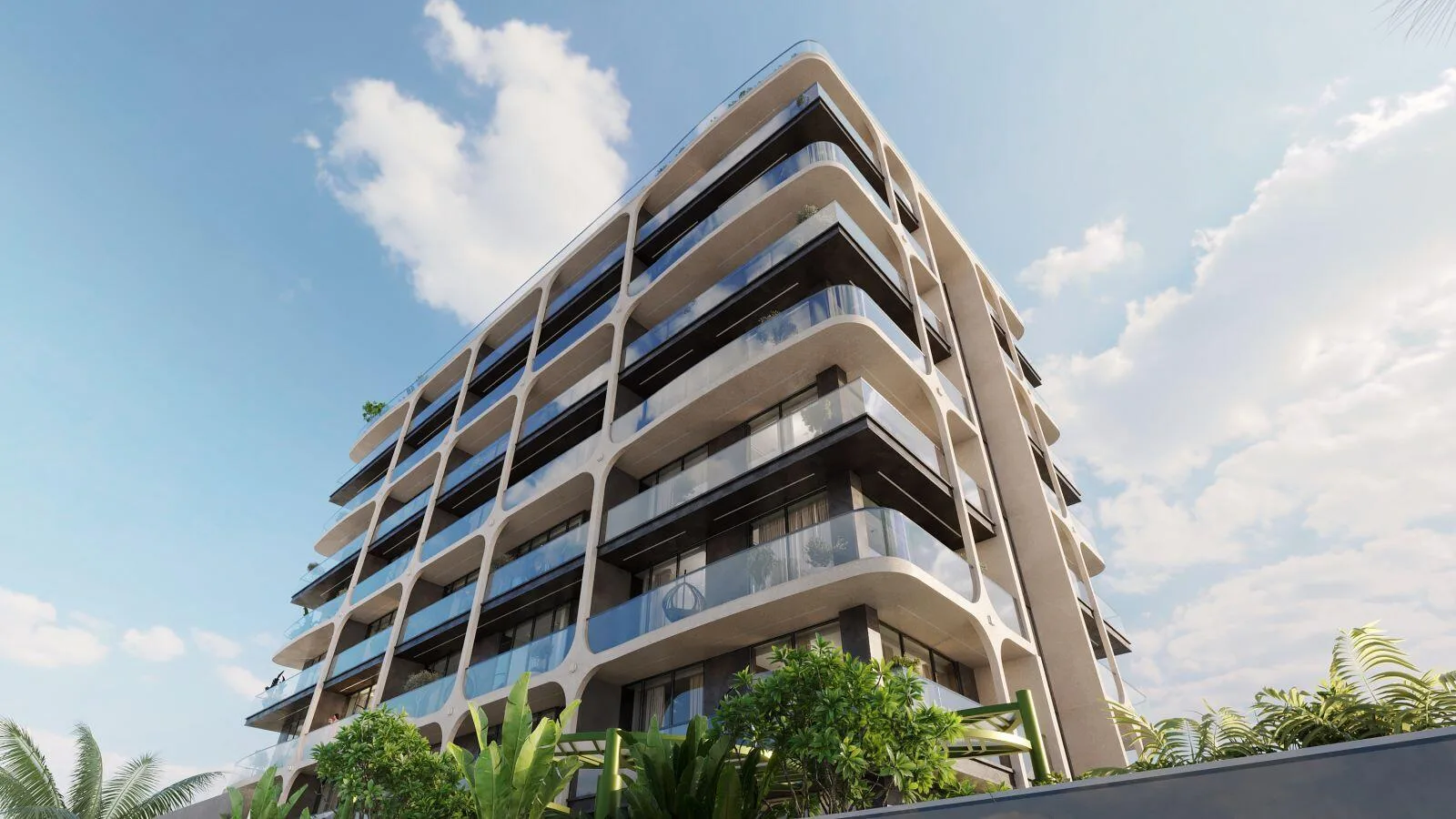 Olivia Gardens Residence снизу: светлая рама фасада и стеклянные балконы