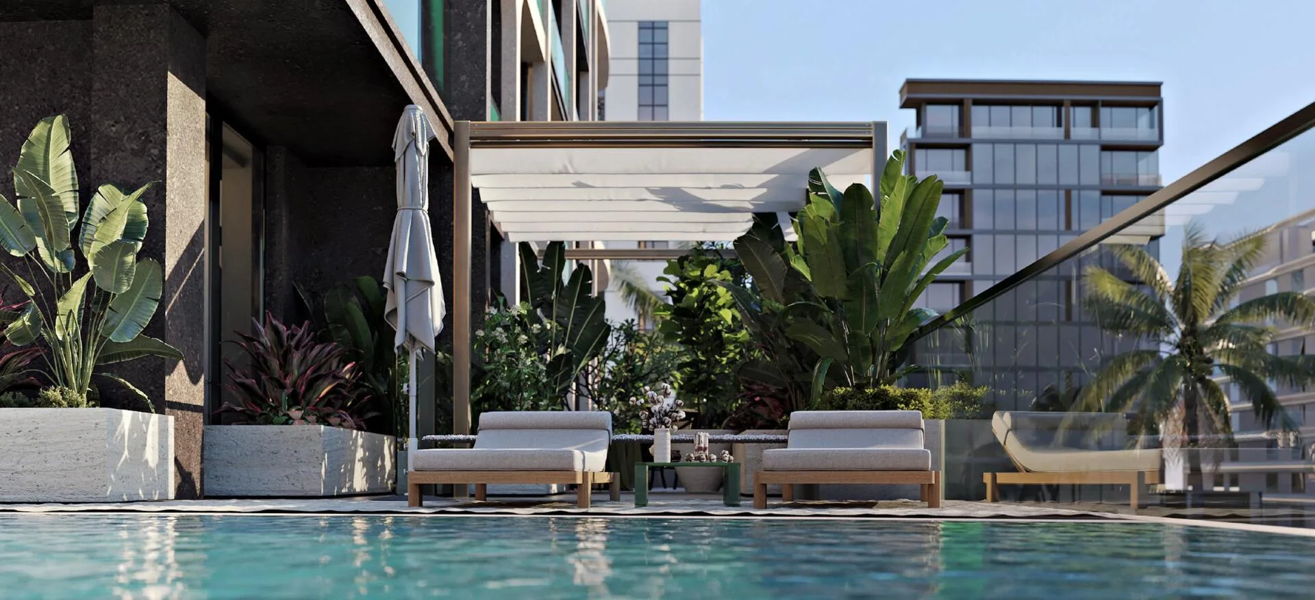 Терраса с шезлонгами у бассейна Olivia Gardens Residence