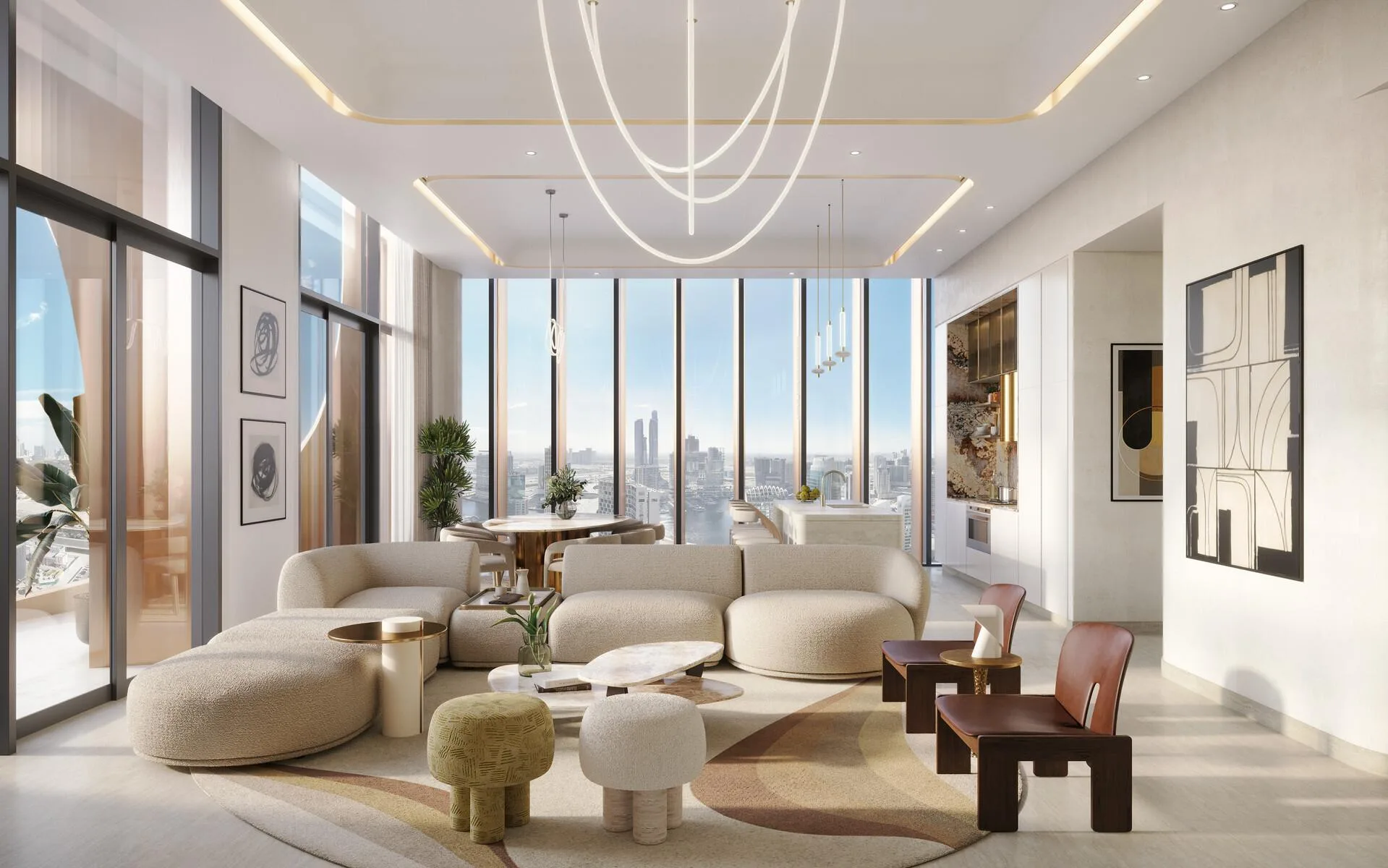 Гостиная с панорамными окнами в One Residence