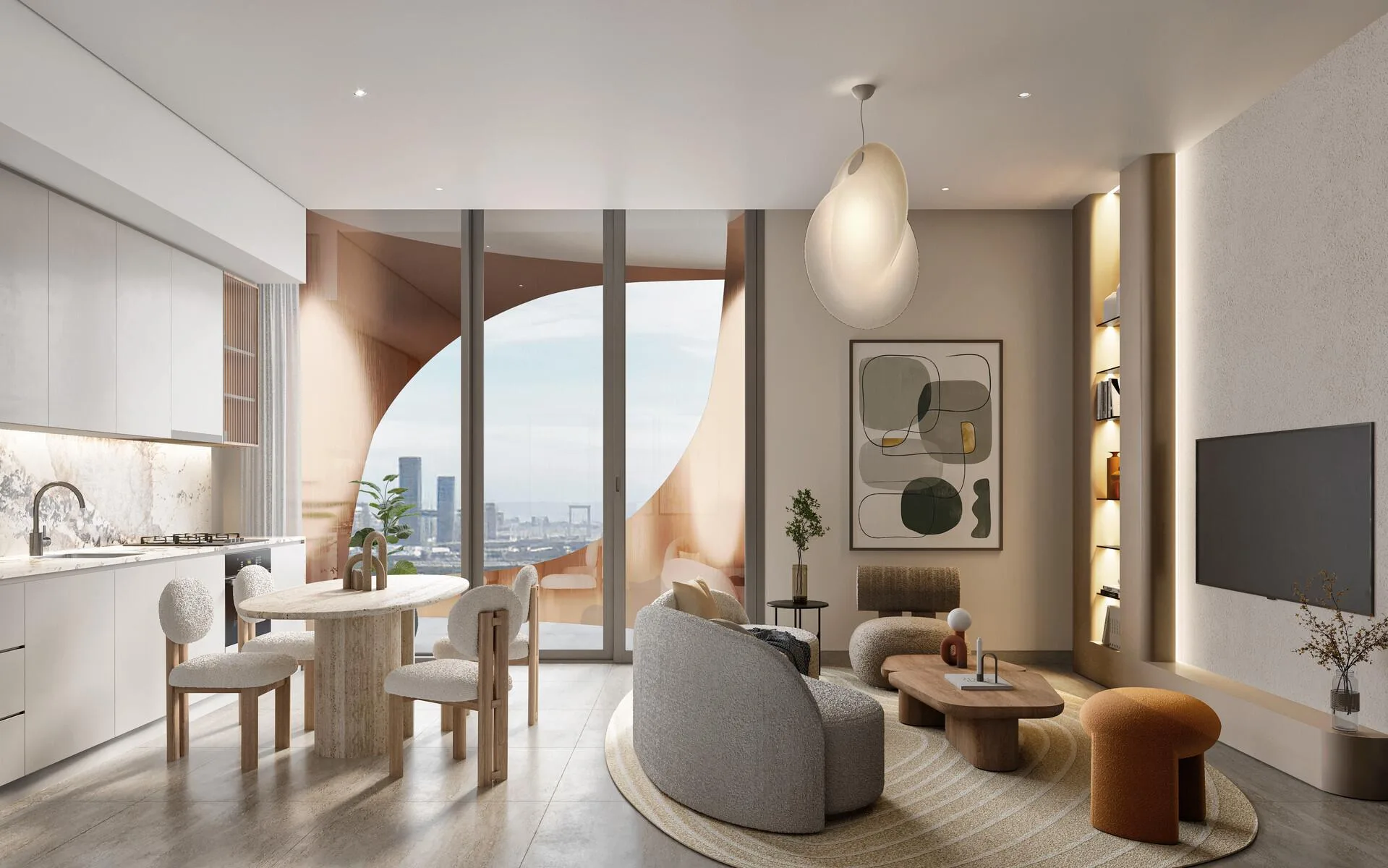Гостиная с кухней и видом на город в One Residence