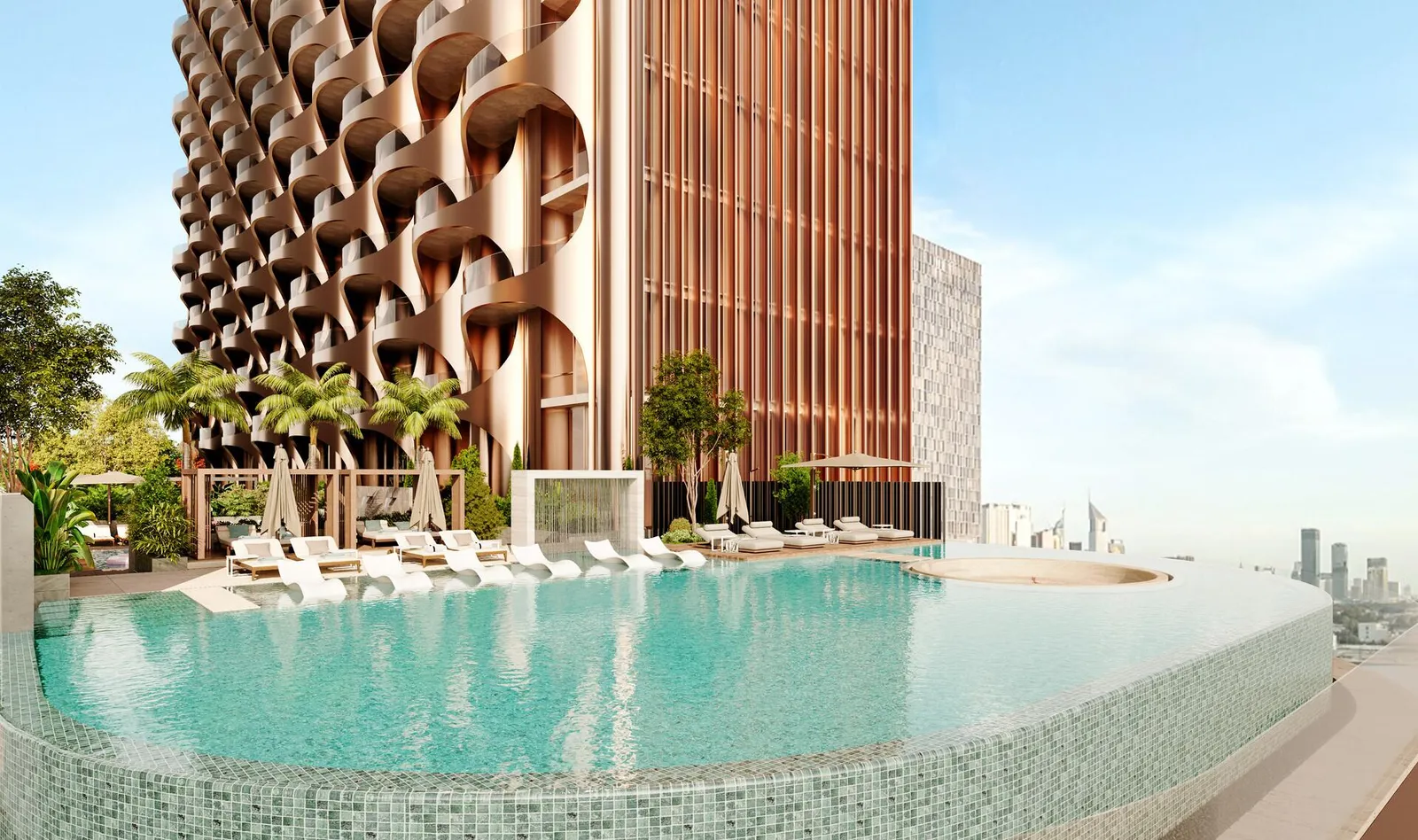 Бассейн-инфинити с видом на город. Визуализация Ginco Properties