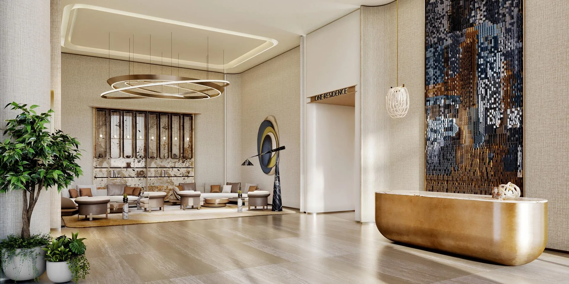 Лобби One Residence: камень, латунь и мягкий свет