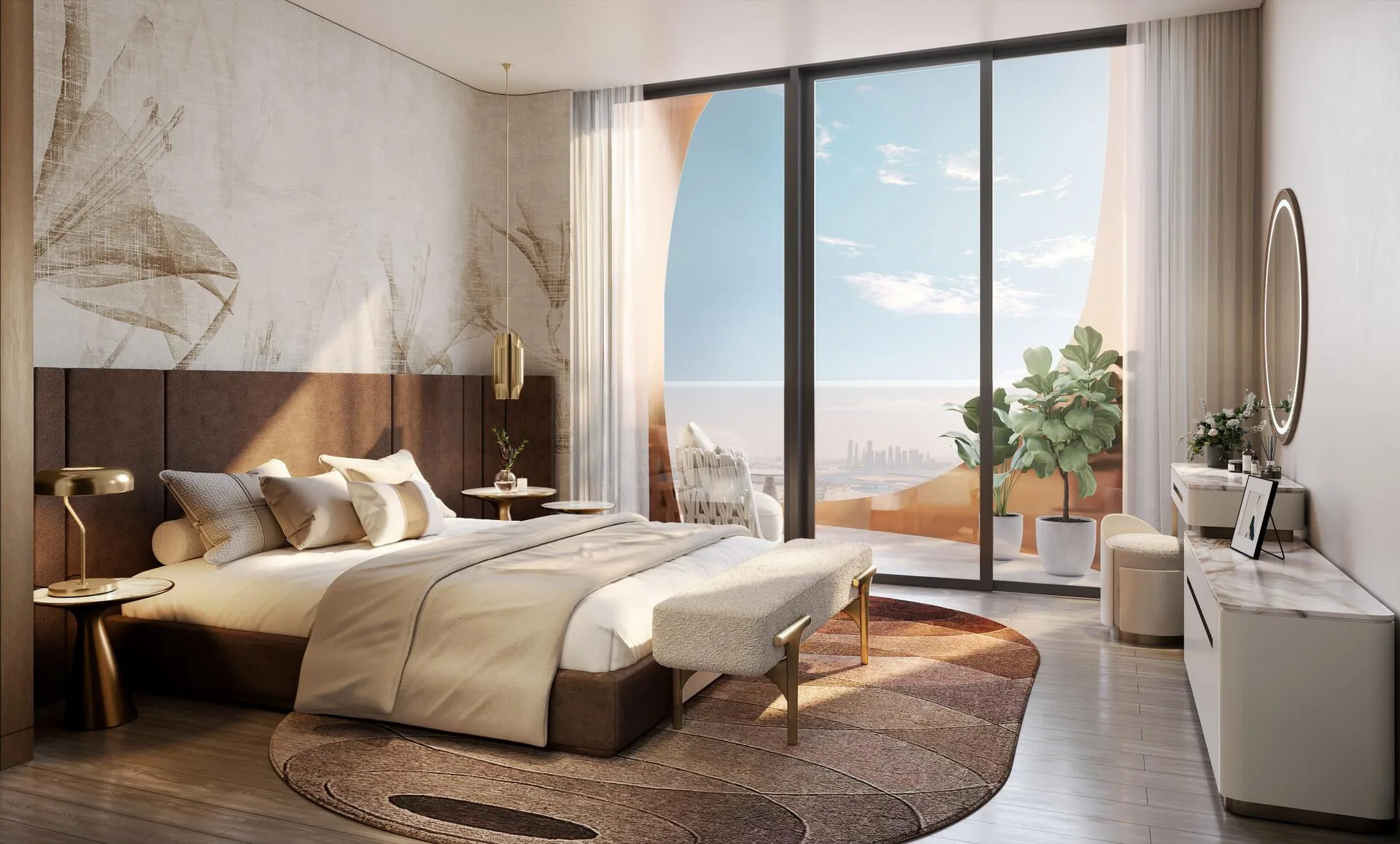 Спальня с видом на город в One Residence