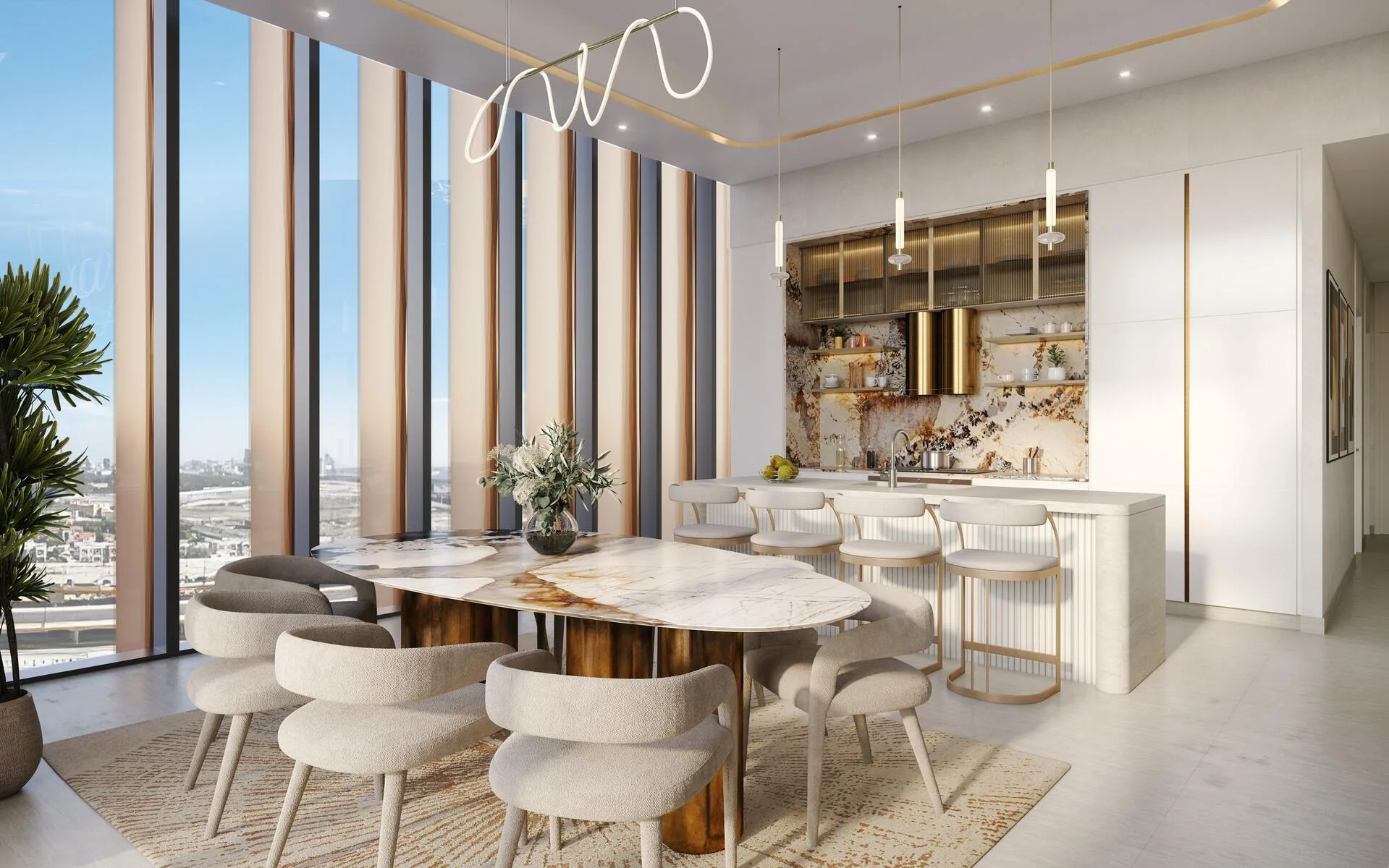 Столовая с кухней и высокими окнами в One Residence
