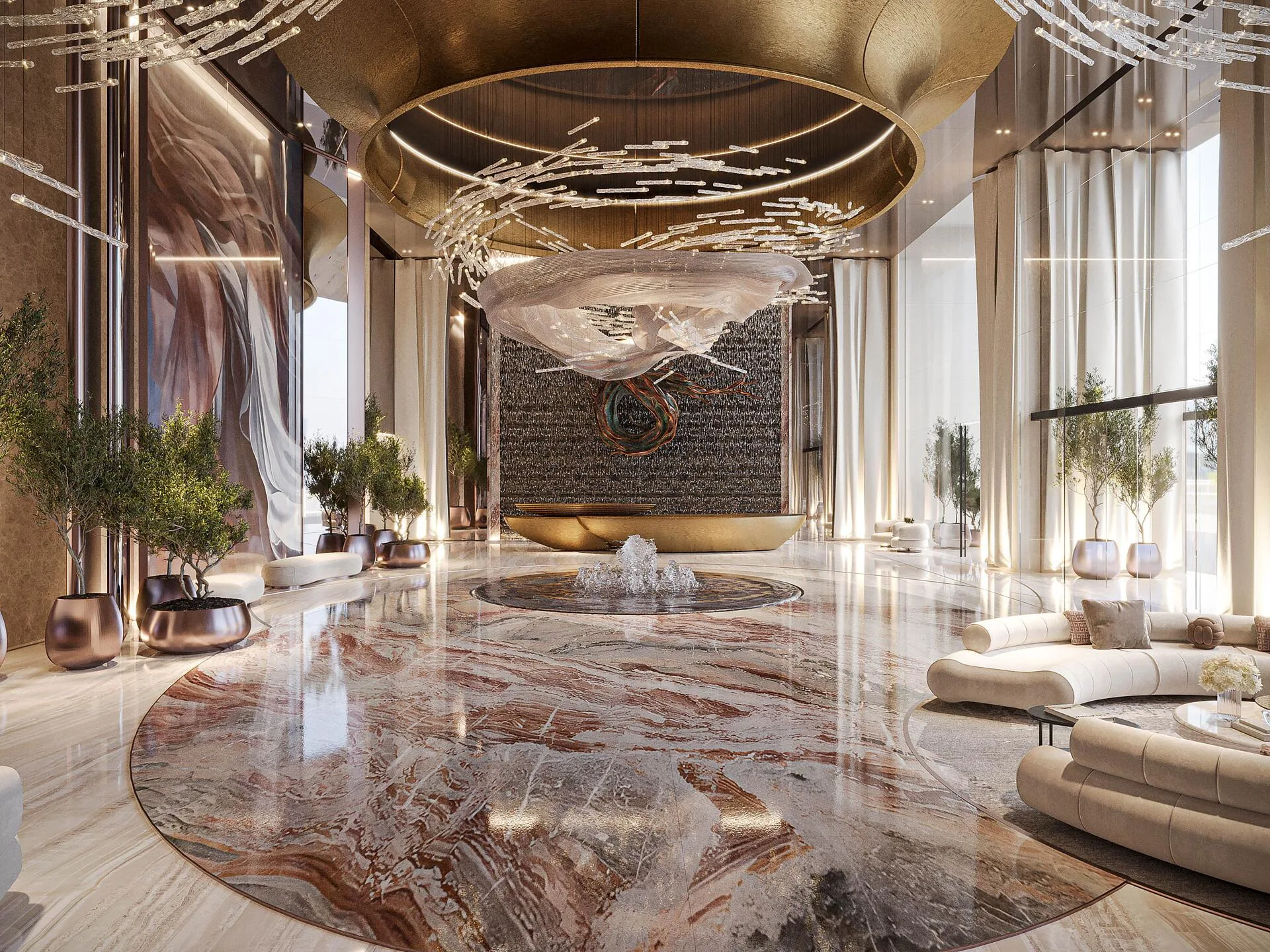 Лобби One Sky Park: фонтан, камень и мягкие диваны