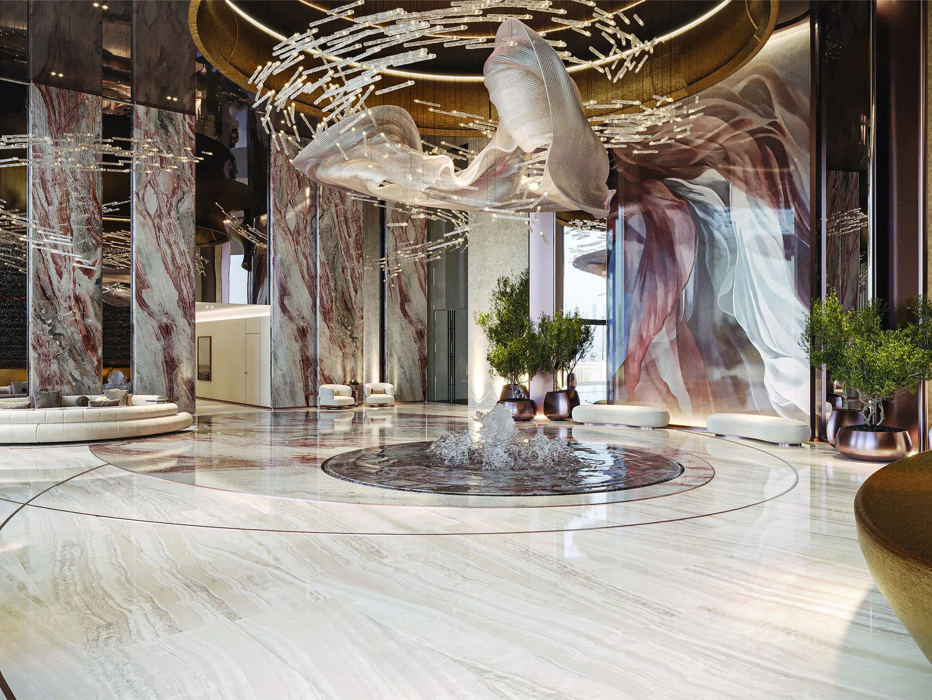 Лобби One Sky Park с фонтаном и люстрой