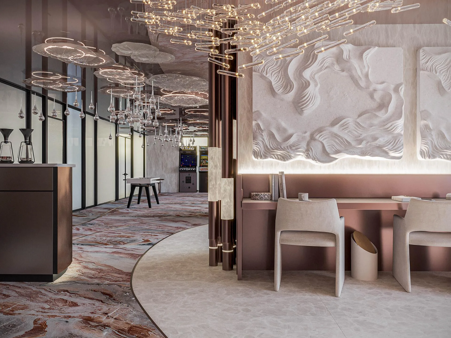 Лаунж One Sky Park с рабочими местами и кофейной стойкой