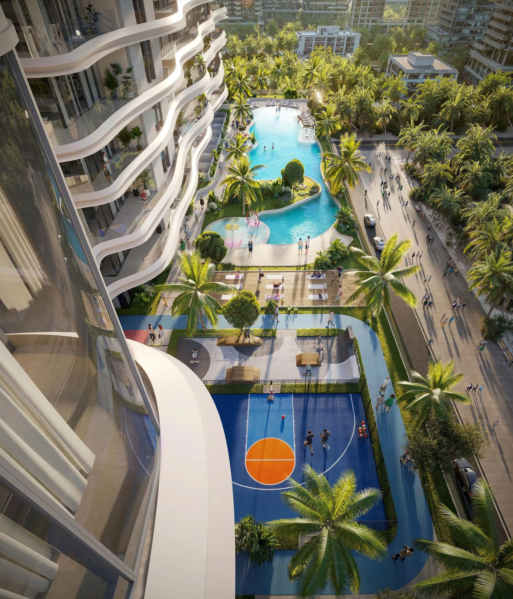 Палуба One Sky Park сверху: бассейн, пальмы и баскетбольная площадка