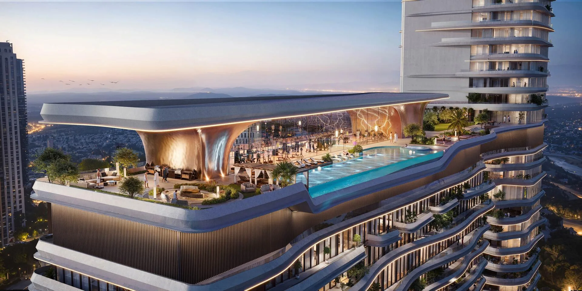 Sky Deck One Sky Park вечером: бассейн и терраса над городом