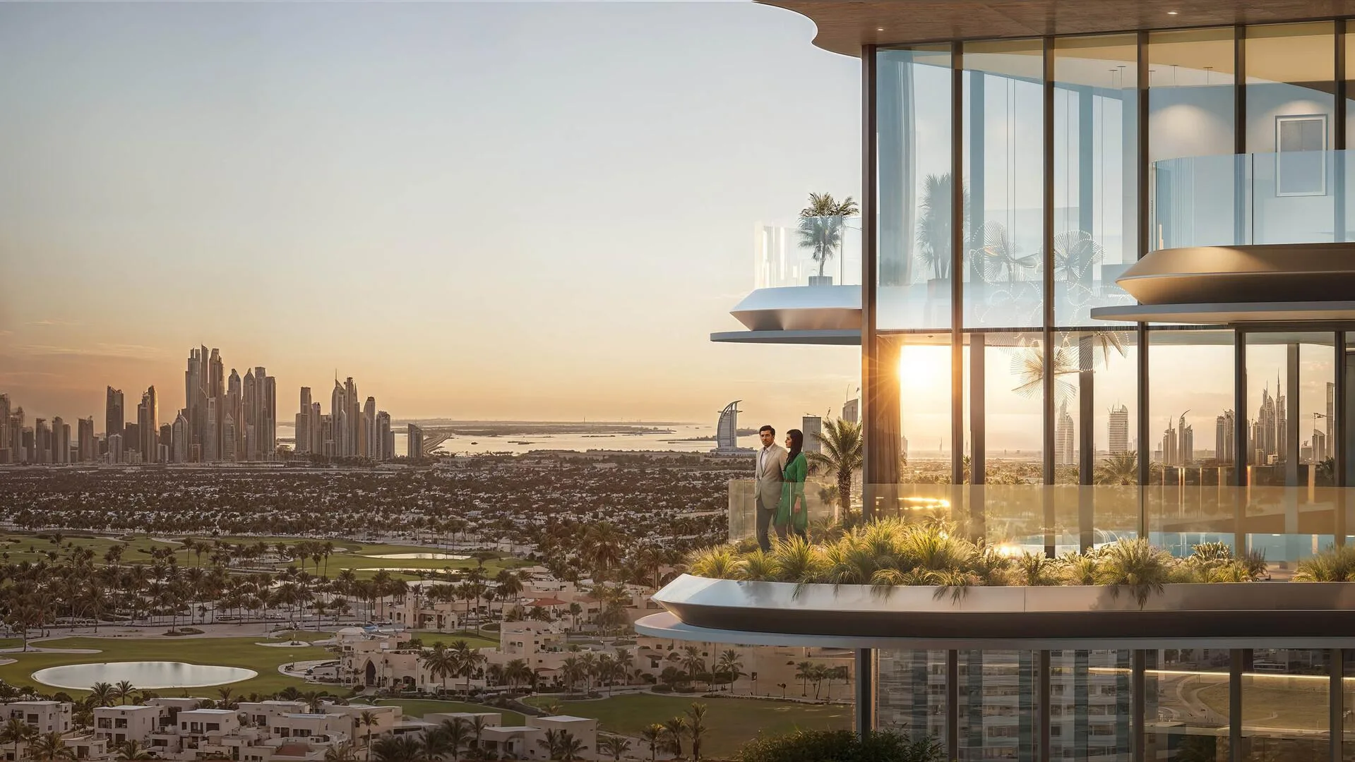 Вид с террасы One Sky Park на город на закате