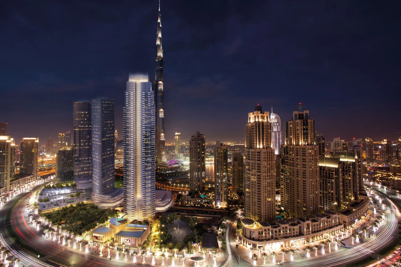 Opera Grand ночью рядом с Burj Khalifa