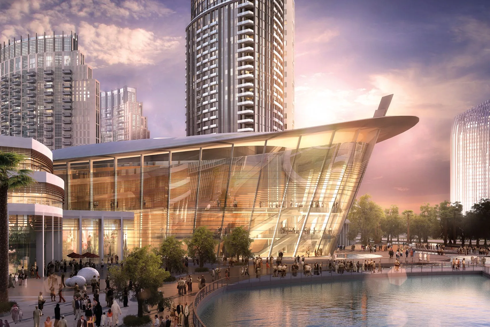 Dubai Opera на закате: стеклянный фасад над водой