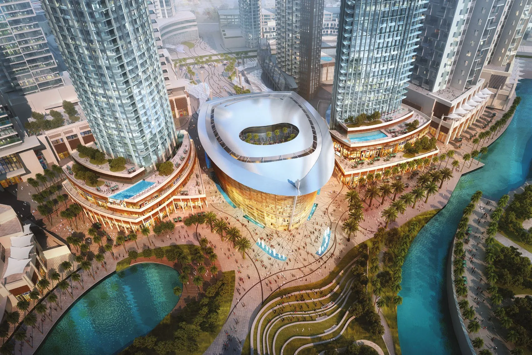 Opera District сверху: здание оперы, площадь и вода