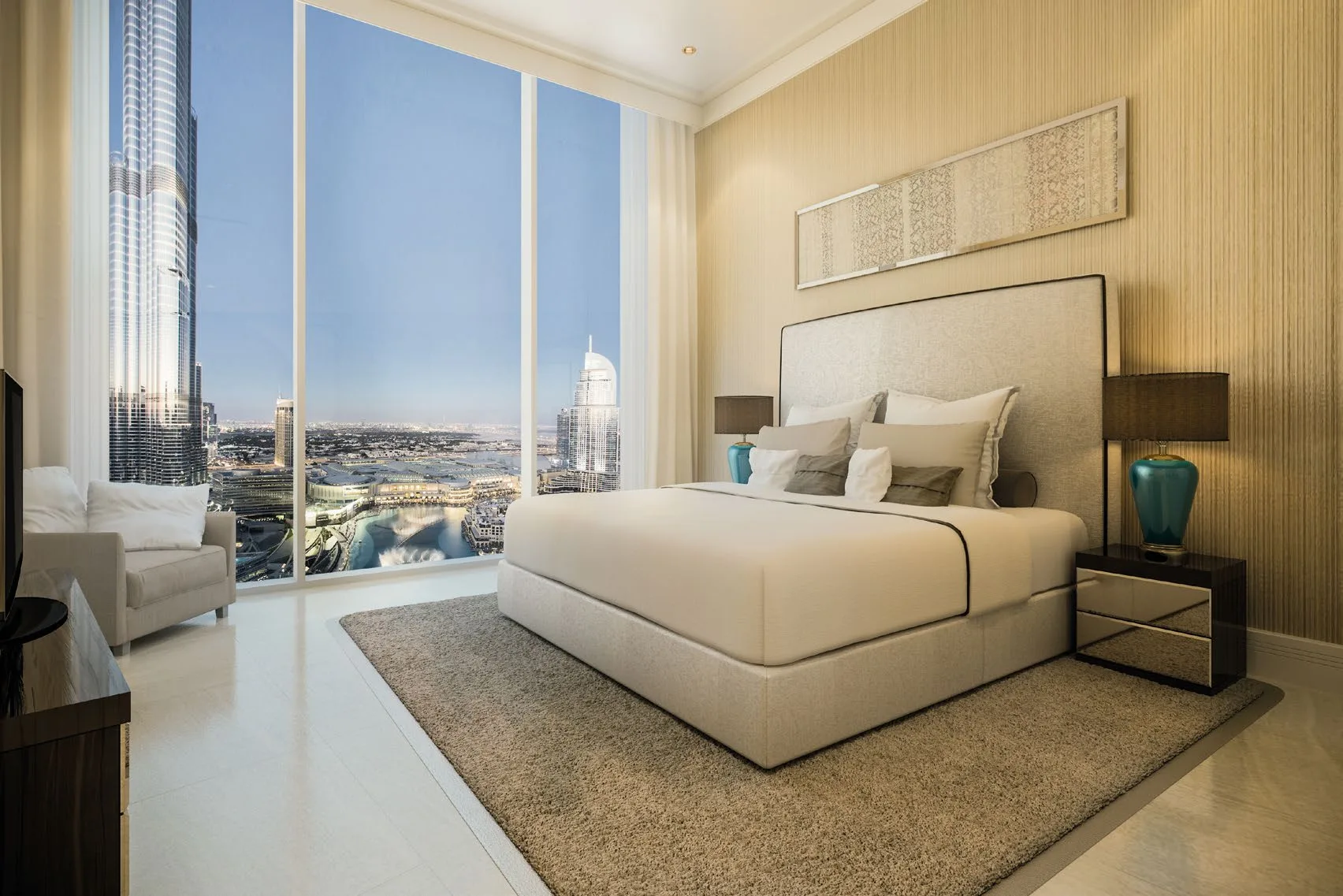 Спальня в Opera Grand: окно в пол с видом на Burj Khalifa