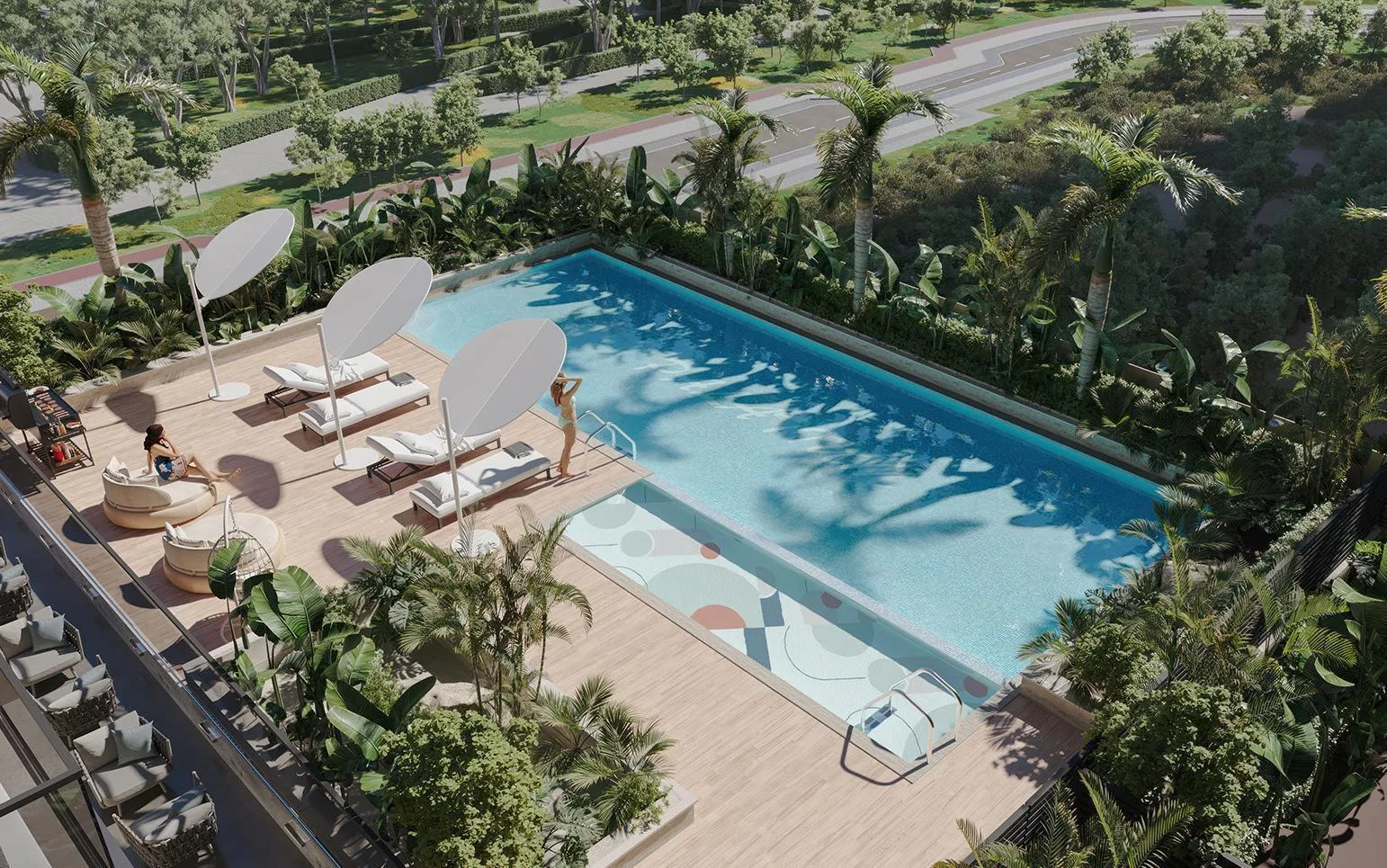 Бассейн Palatium Residences с лежаками и пальмами