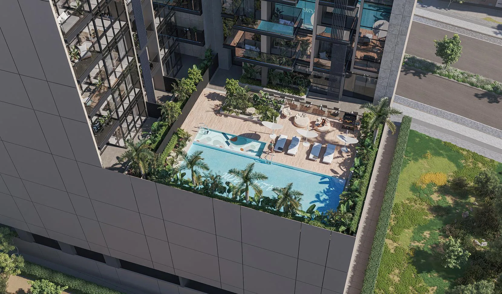 Бассейн с палубой и пальмами в Palatium Residences, вид сверху