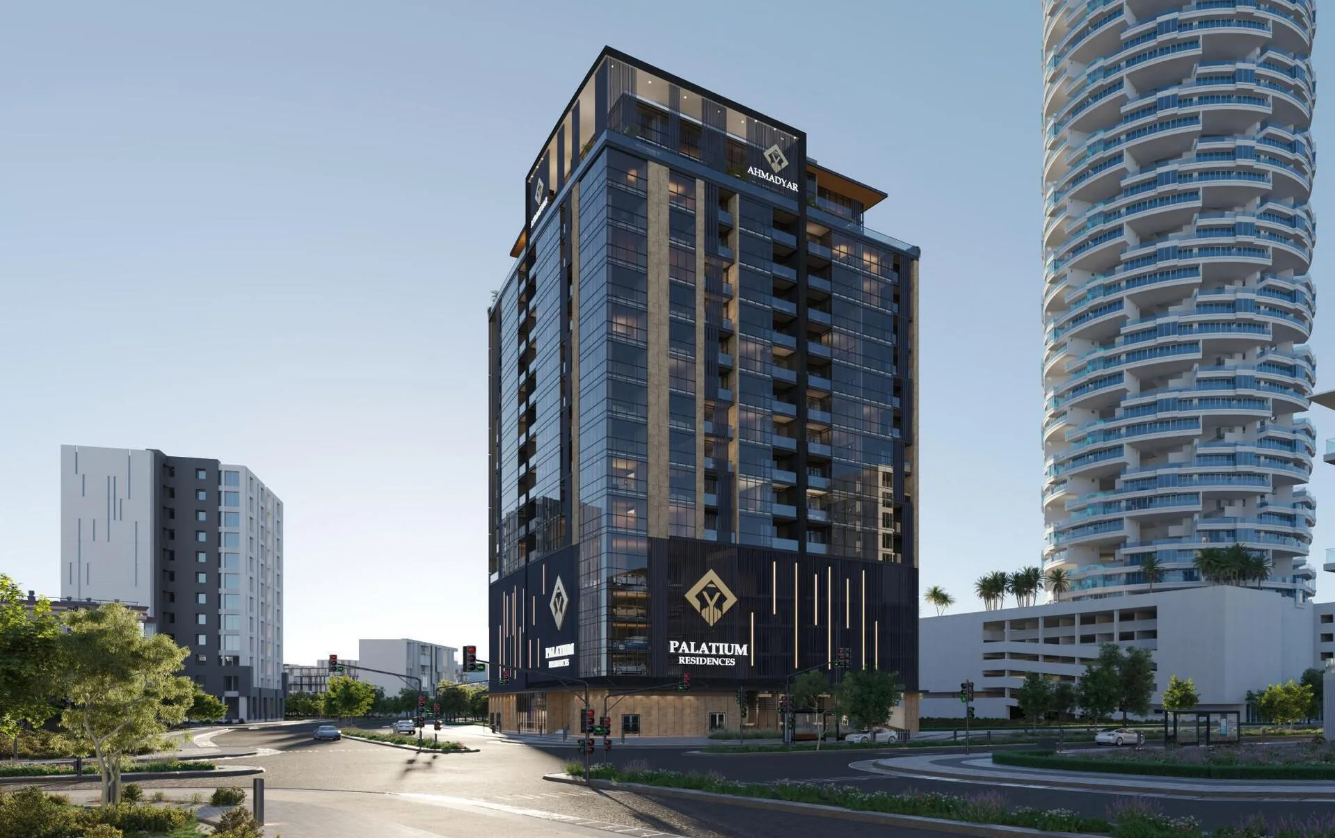 Palatium Residences у перекрёстка с автобусной остановкой
