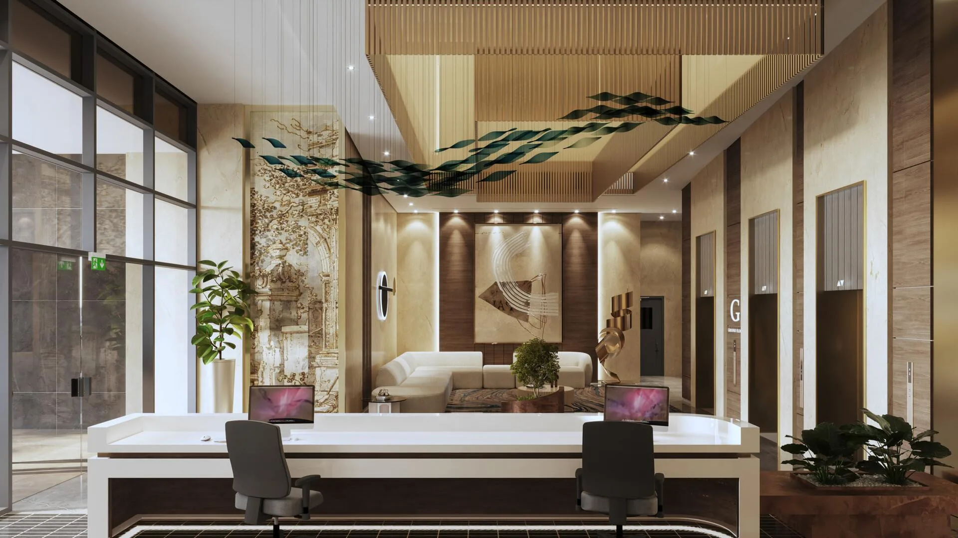 Лобби Palatium Residences: высокий потолок, дерево и камень