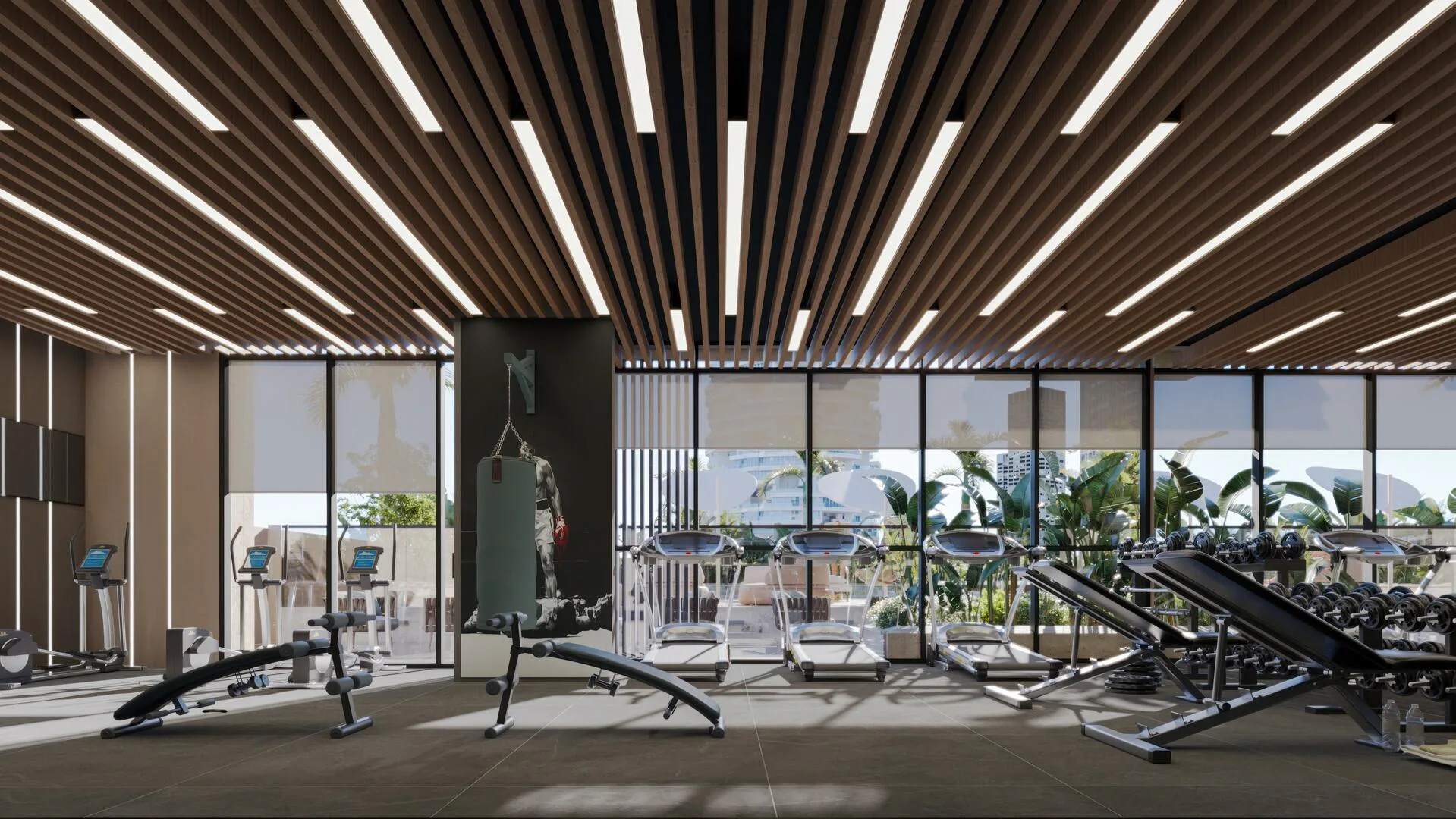 Спортзал Palatium Residences: тренажёры и деревянный потолок
