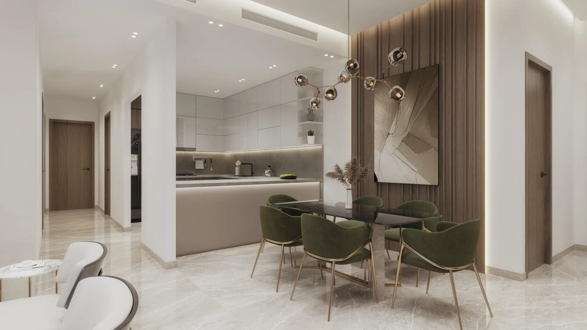 Обеденная зона и кухня в квартире Palatium Residences