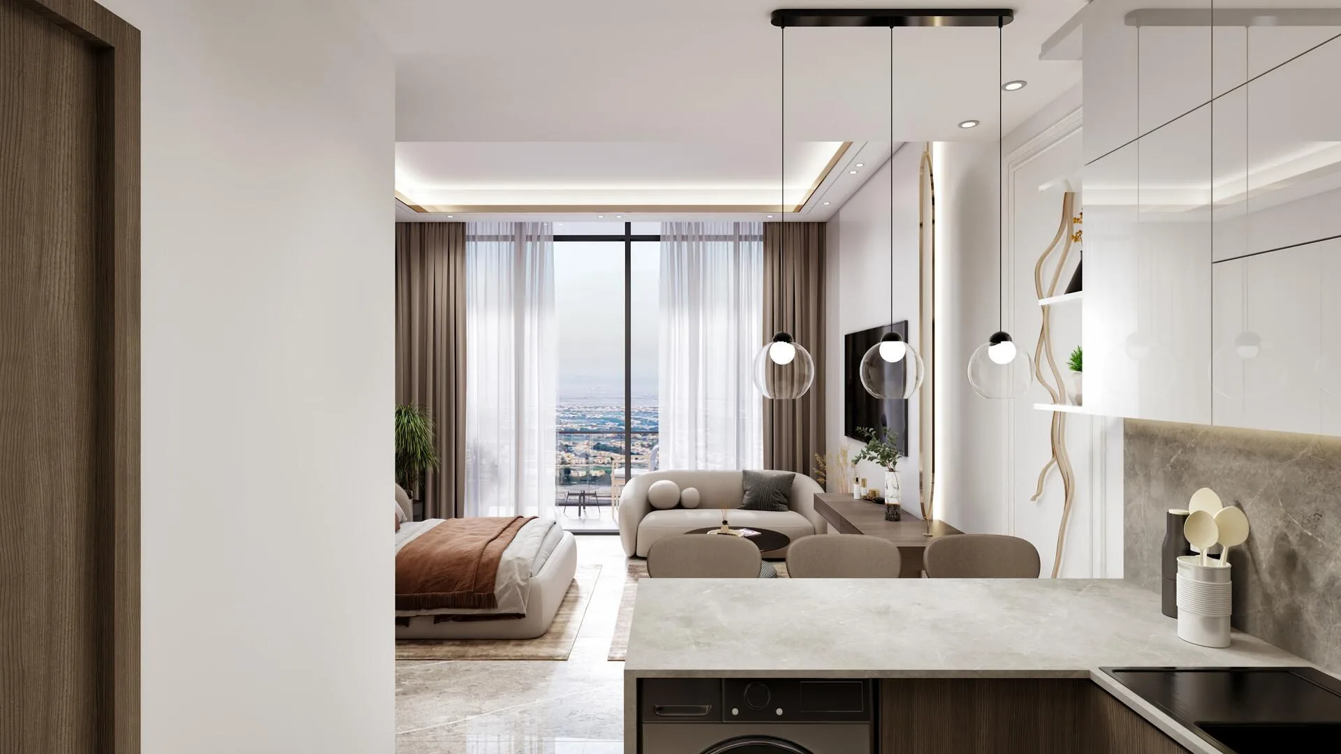 Студия Palatium Residences: кухня с островом и спальная зона