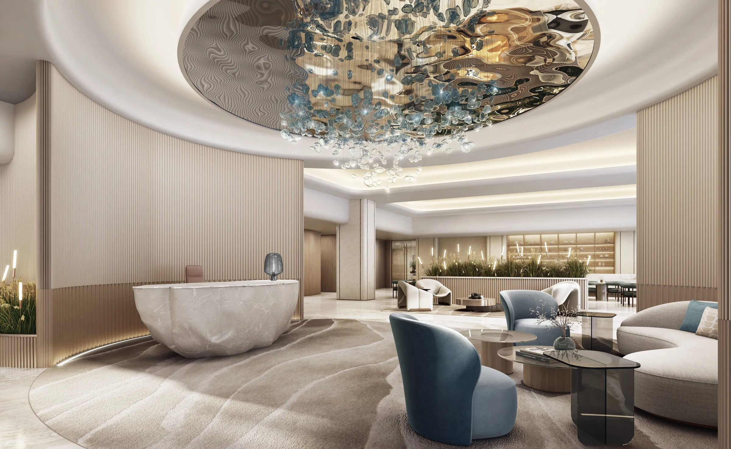 Лобби Palm Beach Towers: стойка из камня и люстра из стеклянных капель