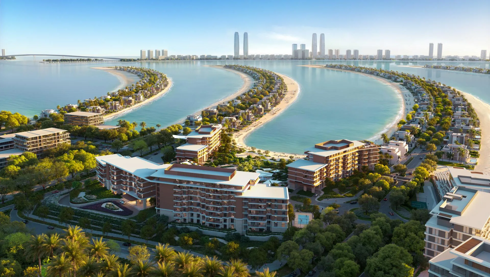 Palm Jebel Ali с высоты: ветви острова, пляжи и дома Palm Central