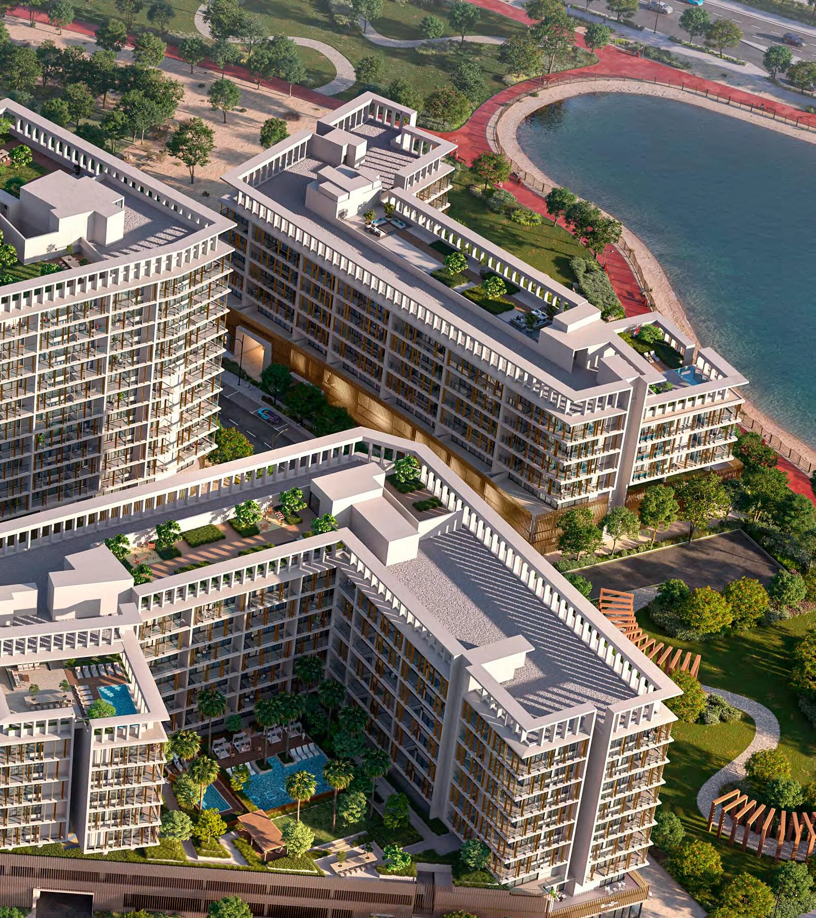 Башни Park Five у озера с прогулочной дорожкой по берегу