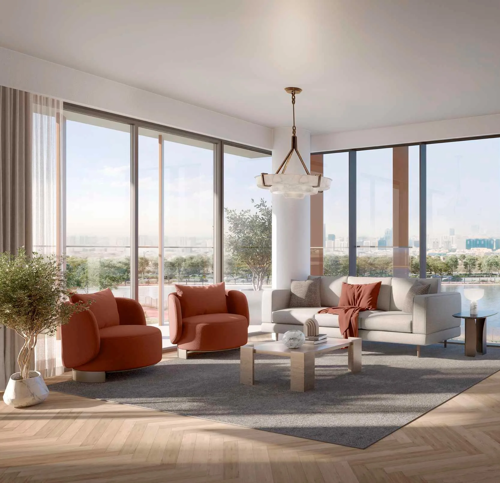 Гостиная в Park Five с панорамными окнами на озеро и город