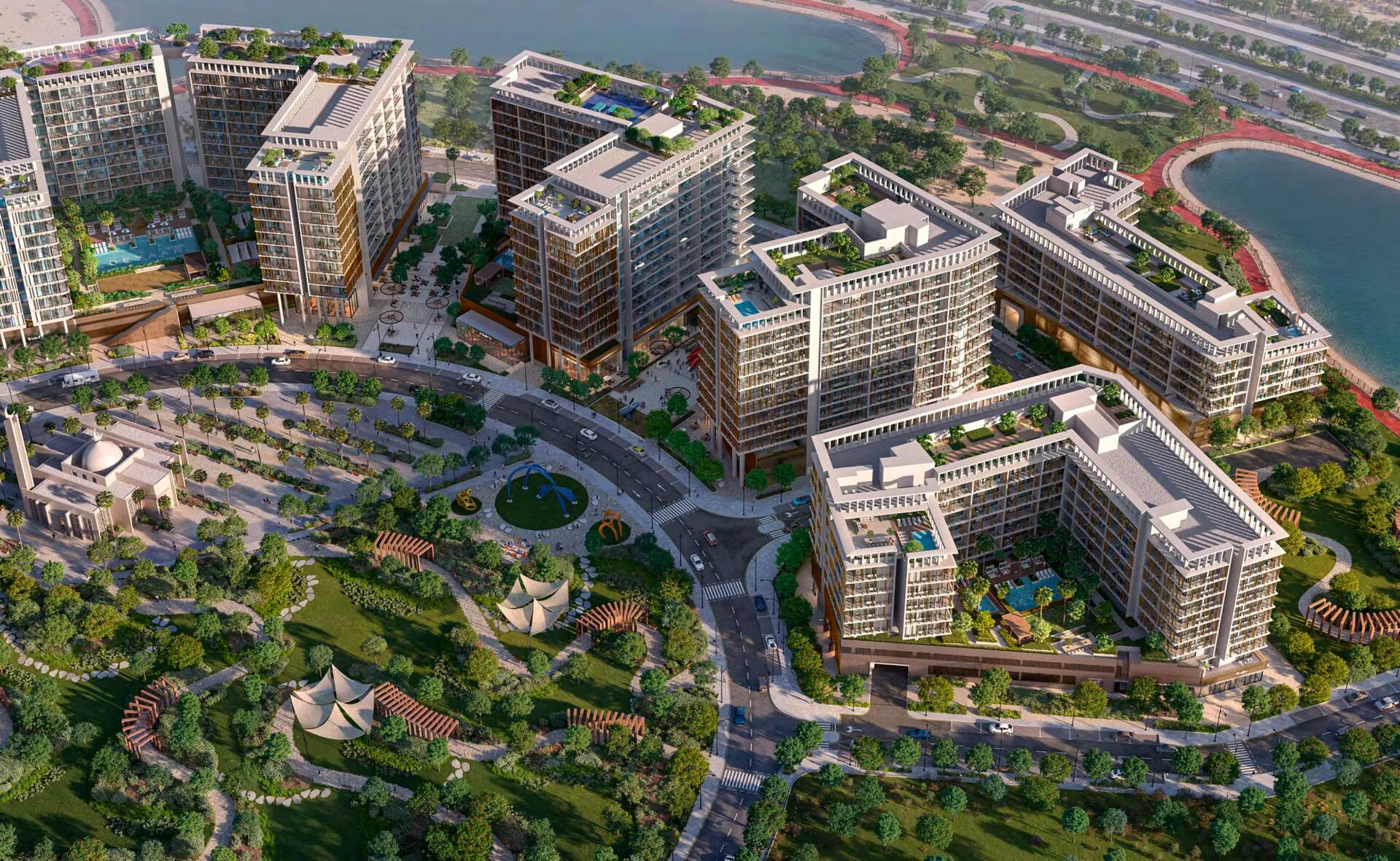 Квартал Park Five сверху: корпуса, зелёные дворы, парк и озеро