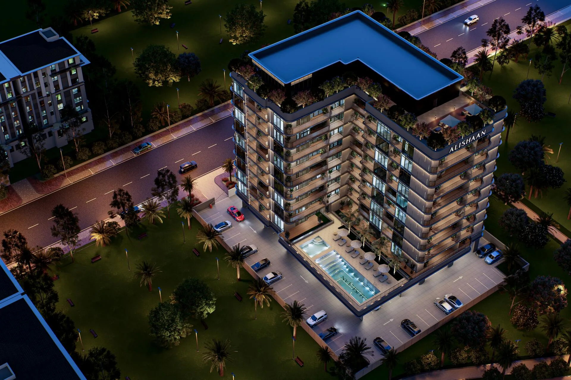 Дом Parkgreen Residences с высоты вечером: двор с бассейном