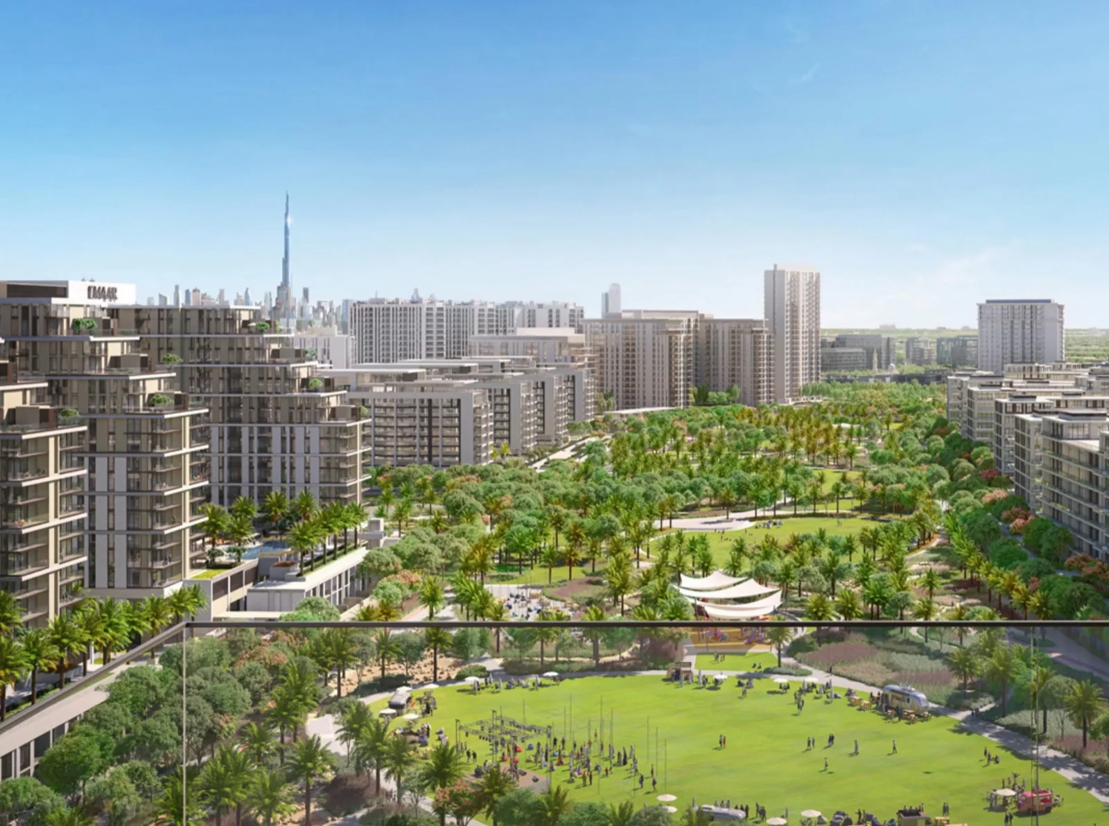 Dubai Hills Estate с высоты: парк, жилые кварталы и Burj Khalifa на горизонте