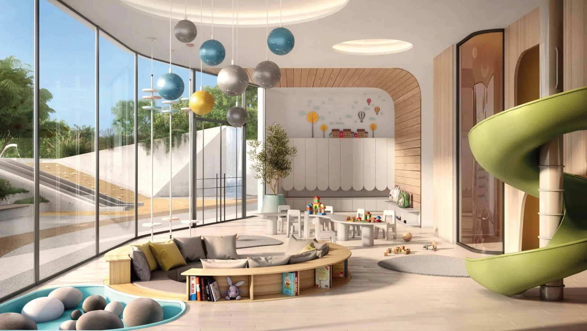 Kids Pavilion: игровая с горкой и окнами в сад