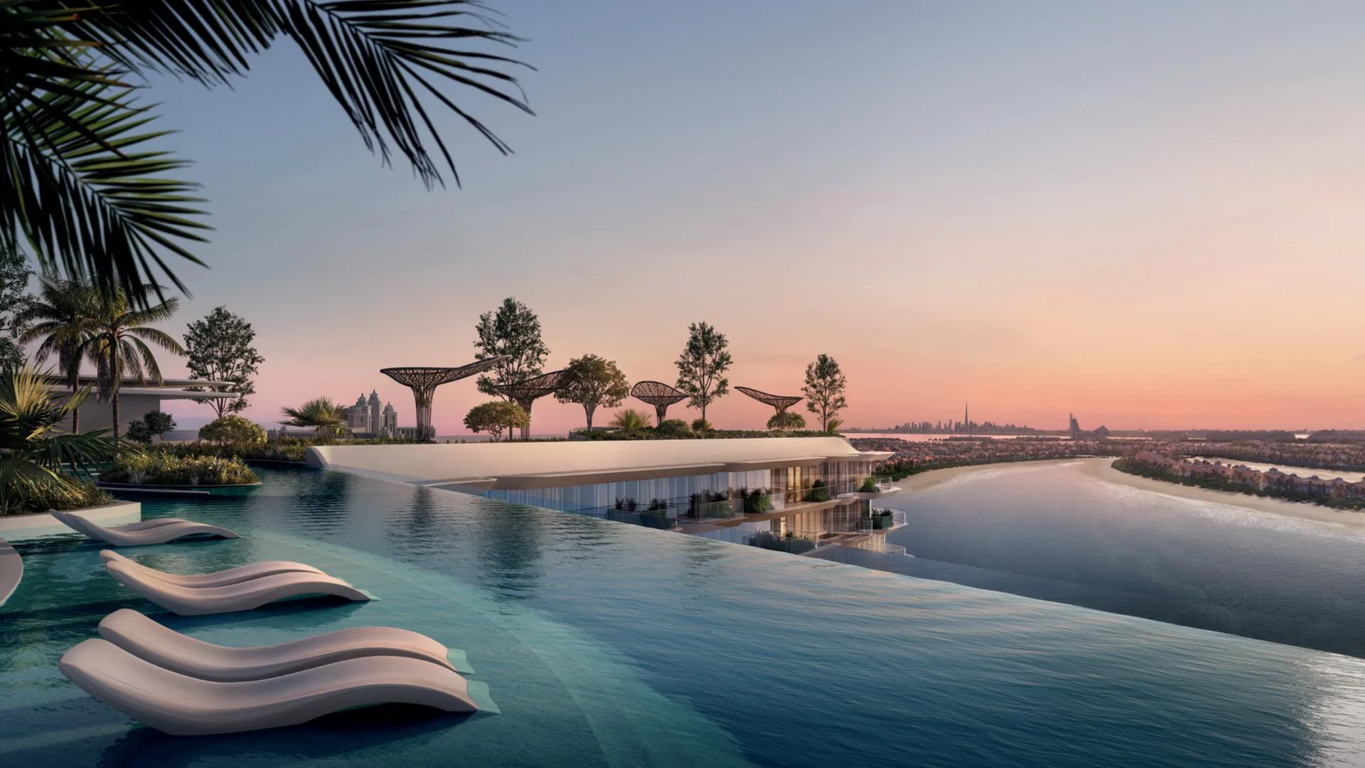 Sky Pool Passo с шезлонгами в воде на закате