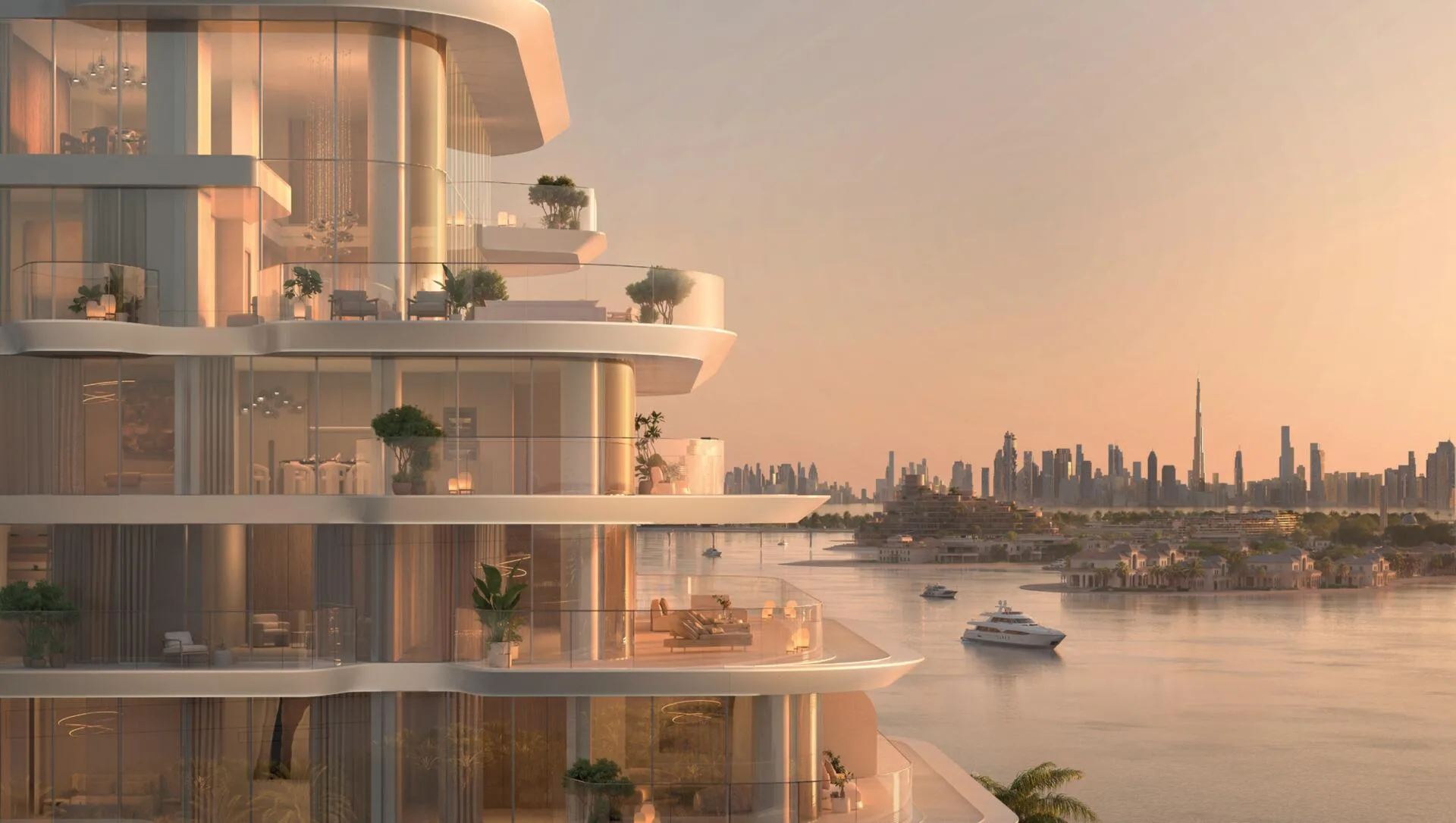 Террасы Passo на закате с видом на воду и Burj Khalifa