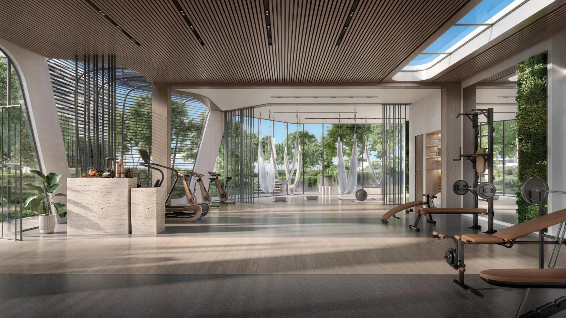 Зал Wellness Pavilion с тренажёрами и воздушной йогой