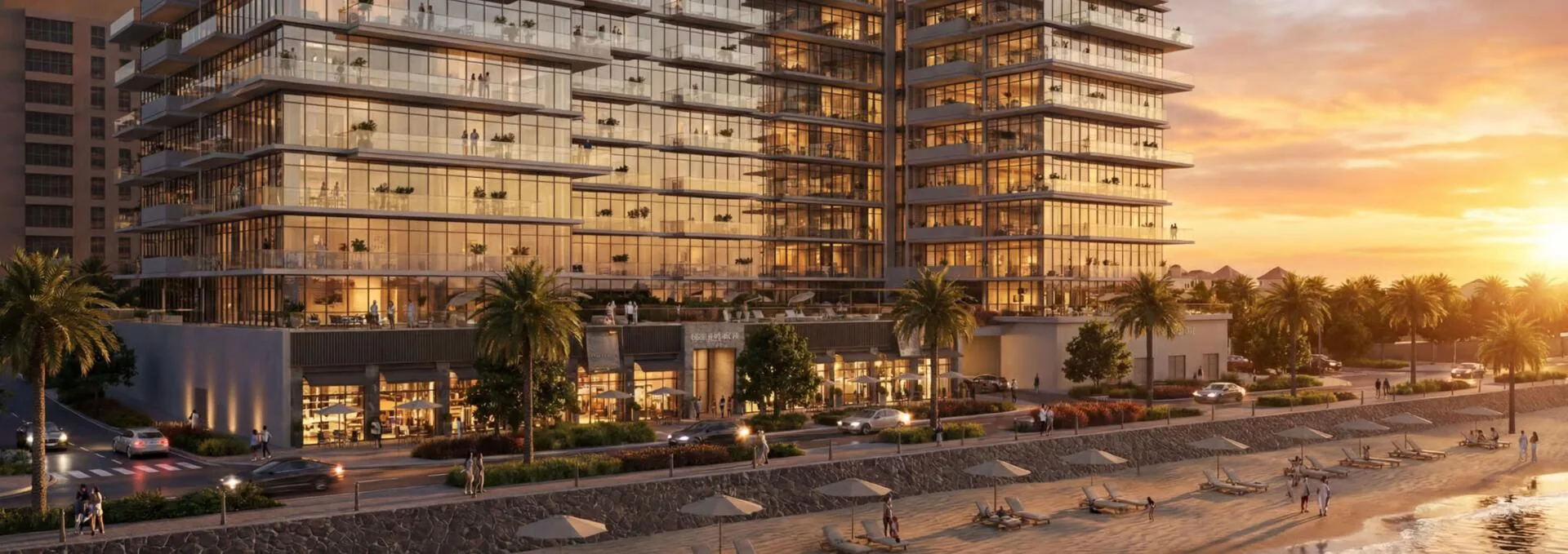 Фасад Pearl Beach View на закате, внизу пляж с зонтиками