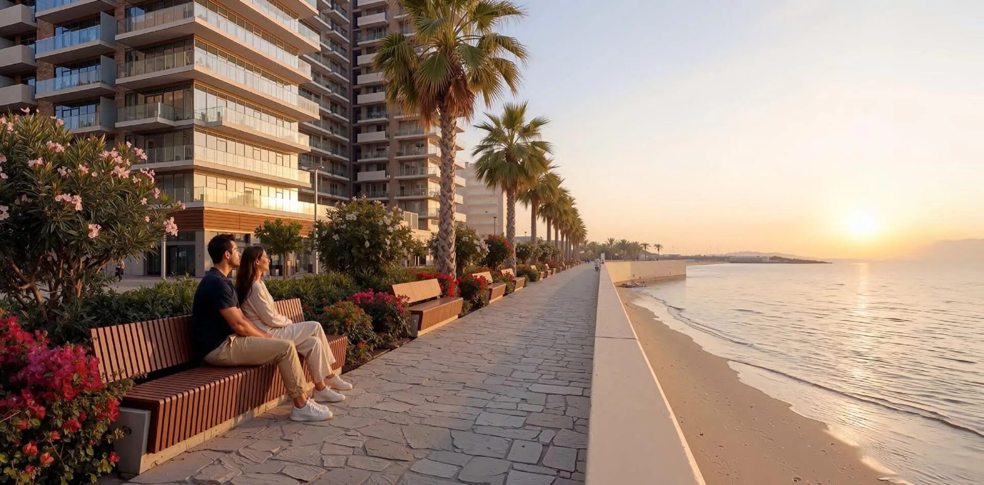 Набережная у Pearl Beach View на закате: пальмы, скамейки и пляж