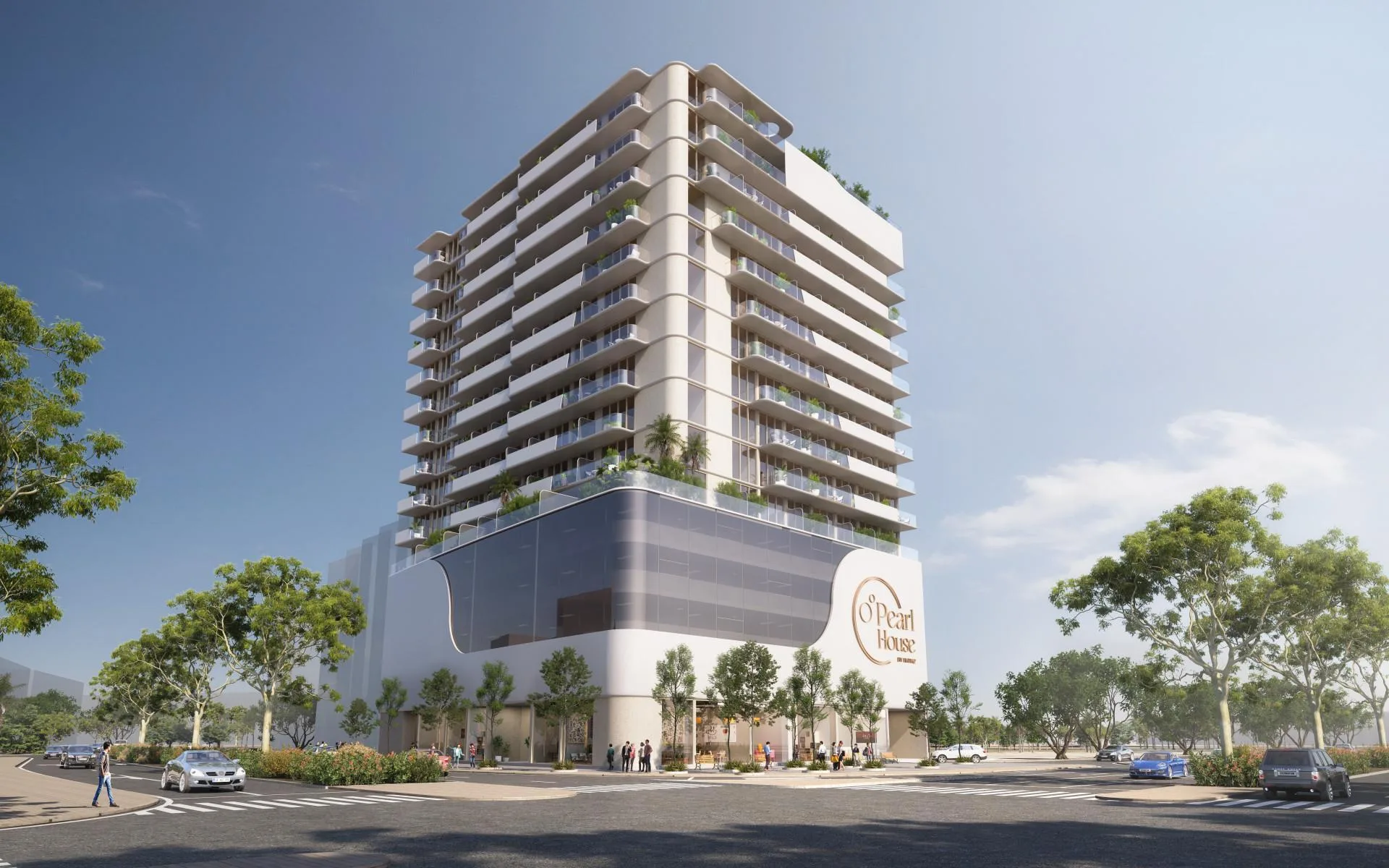 Pearl House с улицы: дом с деревьями вдоль тротуара