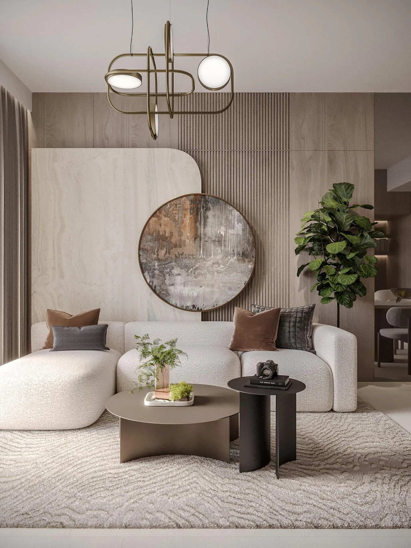 Гостиная в квартире Pearl House: светлый диван и деревянные панели