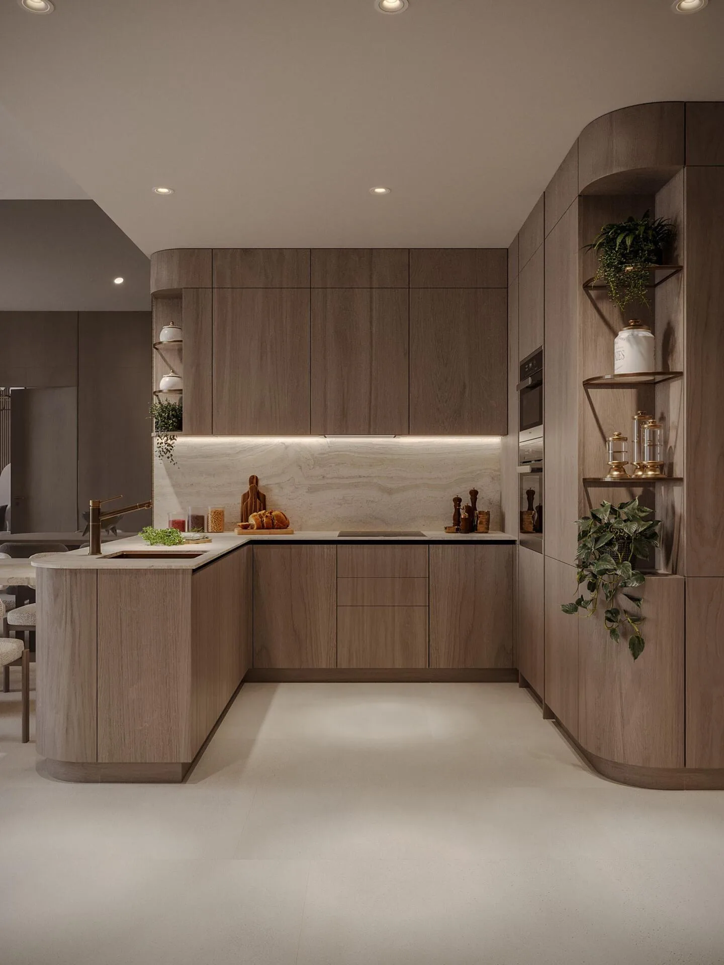 Кухня в квартире Pearl House: фасады под дерево и каменный фартук