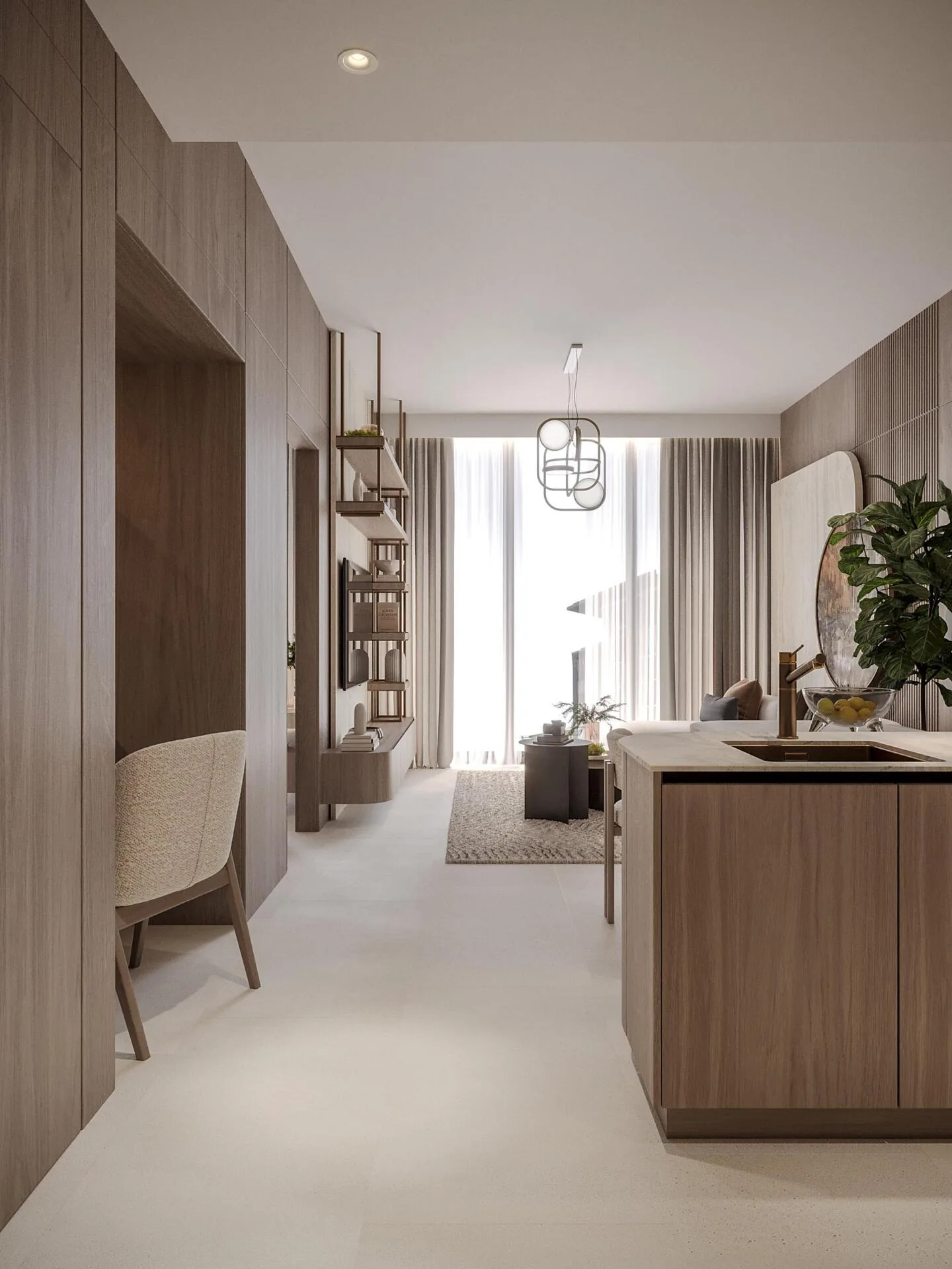 Вход в квартиру Pearl House: кухонный остров и гостиная у окна