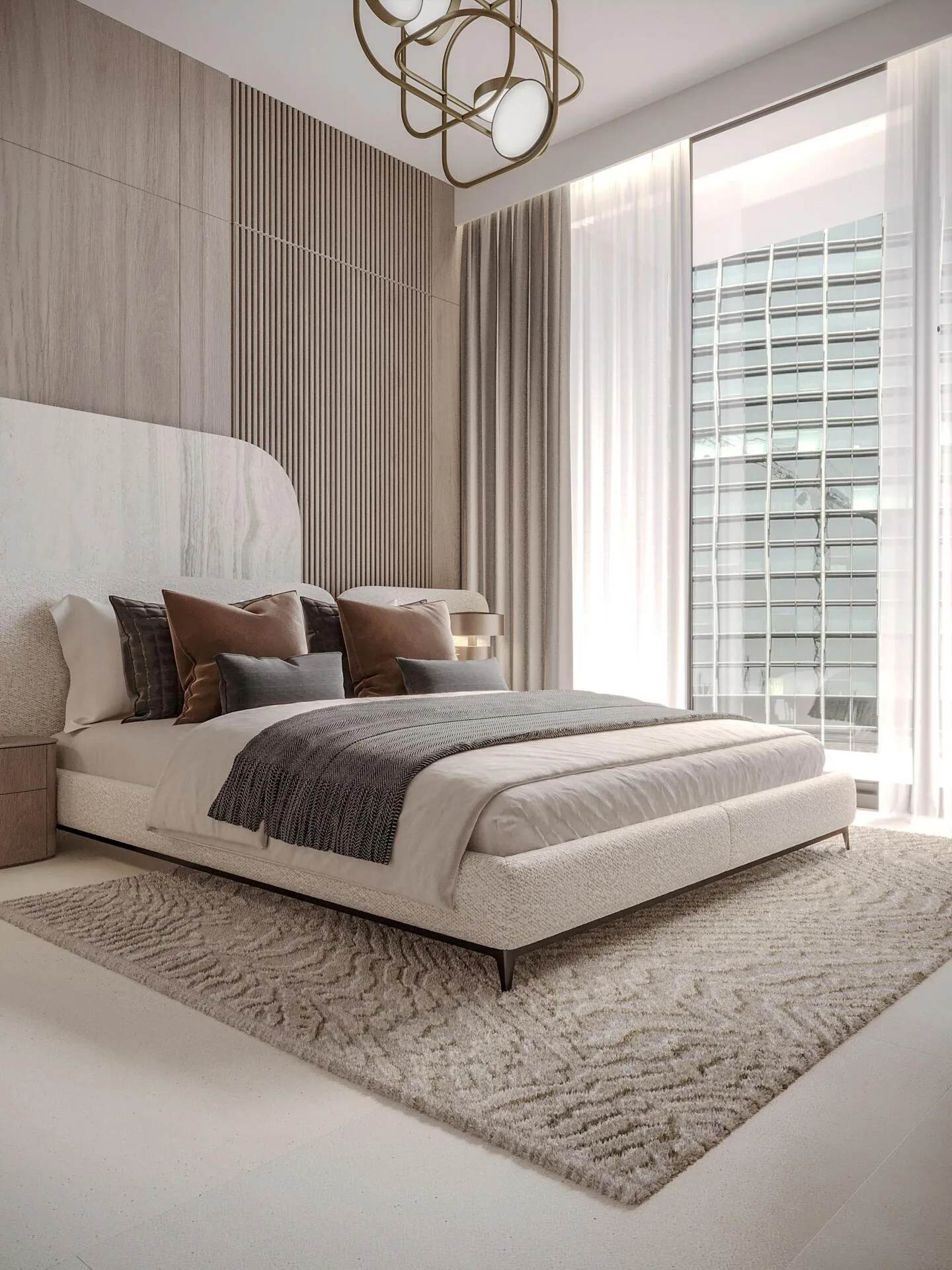 Спальня в квартире Pearl House с окном во всю высоту