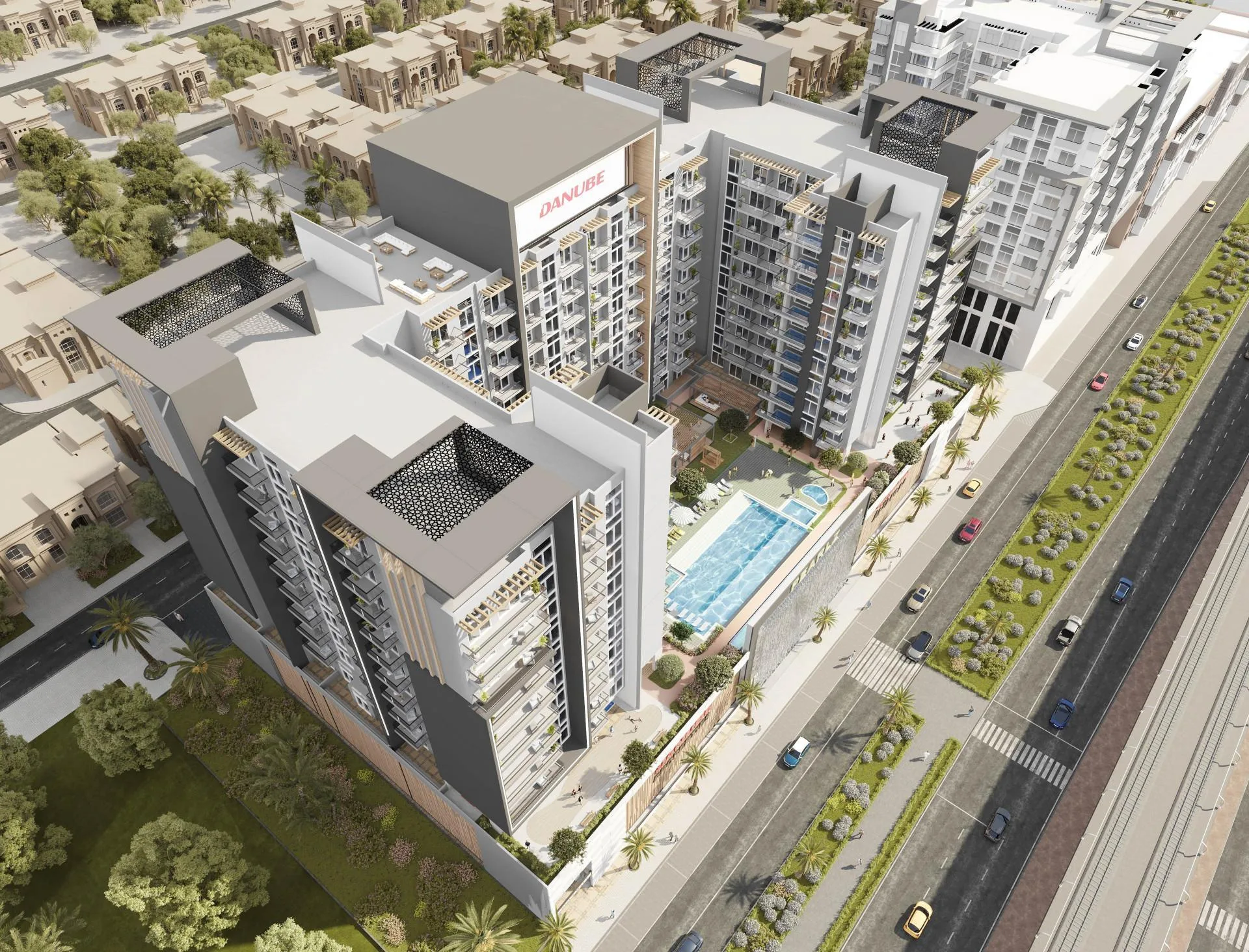 Pearlz с высоты сбоку: крылья, перголы на крыше и двор