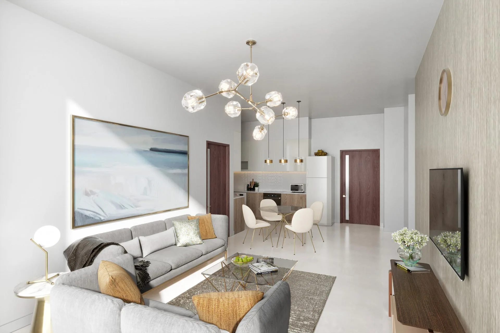 Гостиная Pearlz с обеденной зоной и кухней в глубине