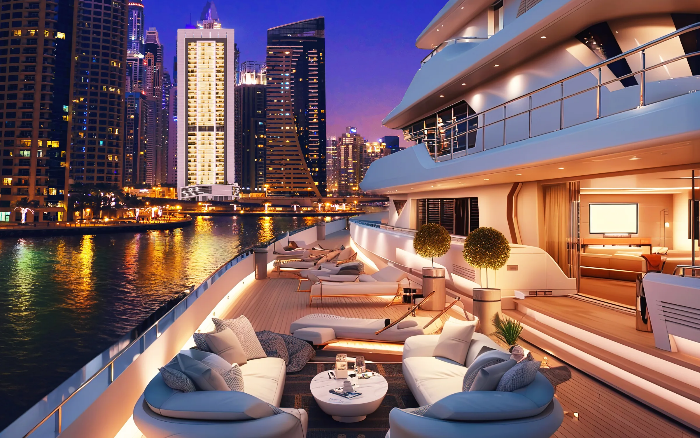 Вечер на Dubai Marina: палуба яхты и огни башен