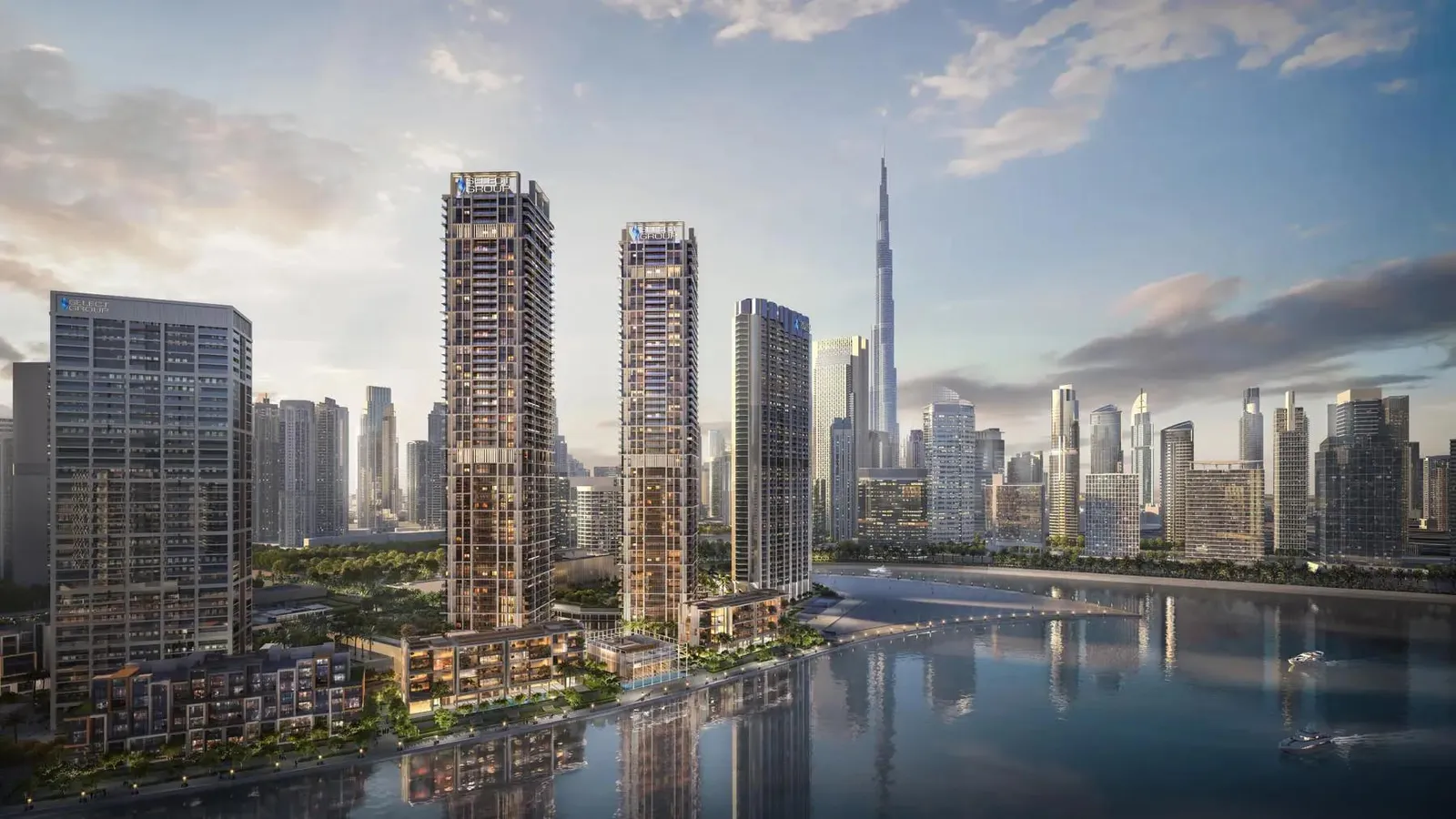 Канал Business Bay, башни Peninsula и Бурдж-Халифа за ними. Визуализация Select Group