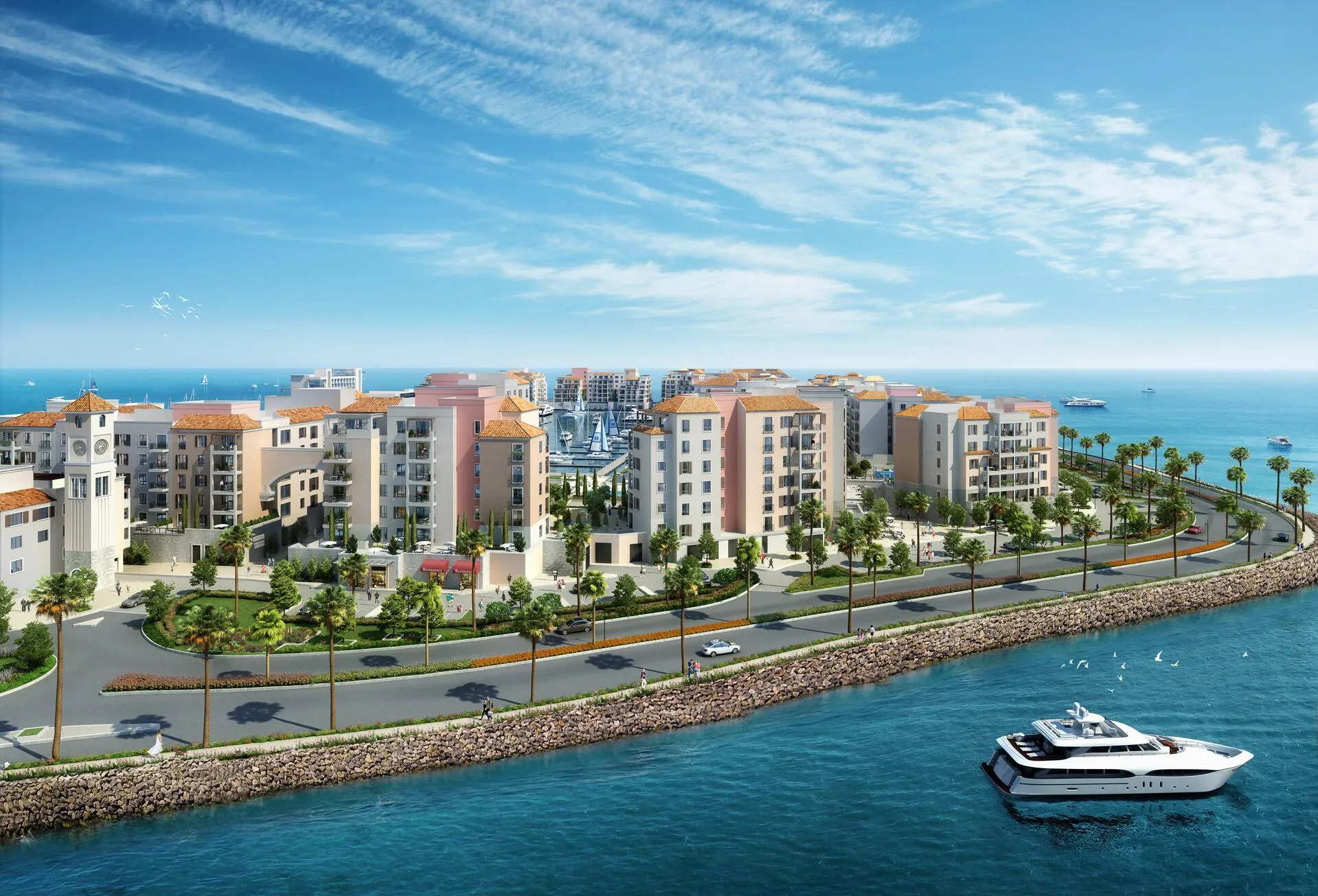 Остров Port de La Mer с часовой башней и морем вокруг