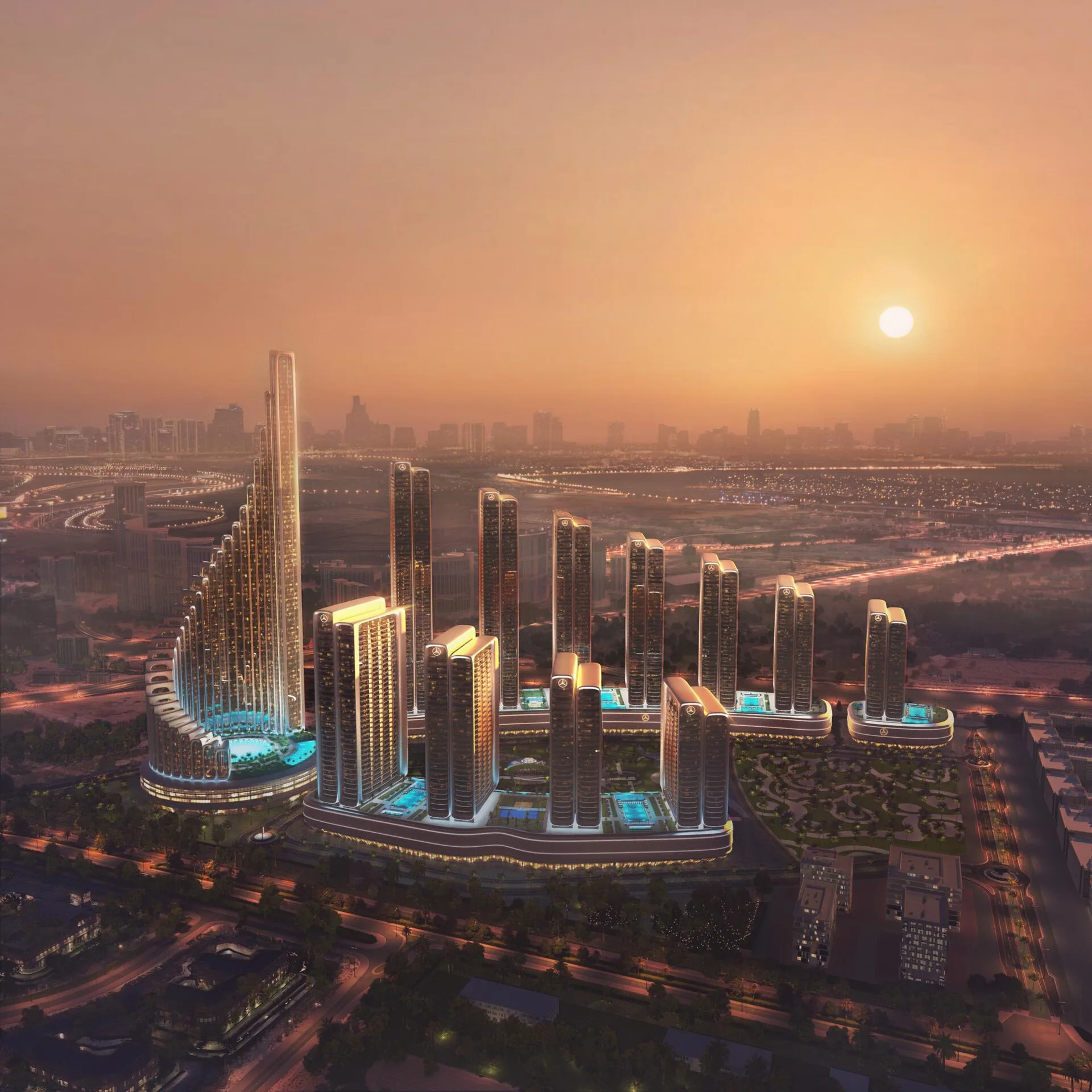 Mercedes-Benz Places   Binghatti City с высоты на закате