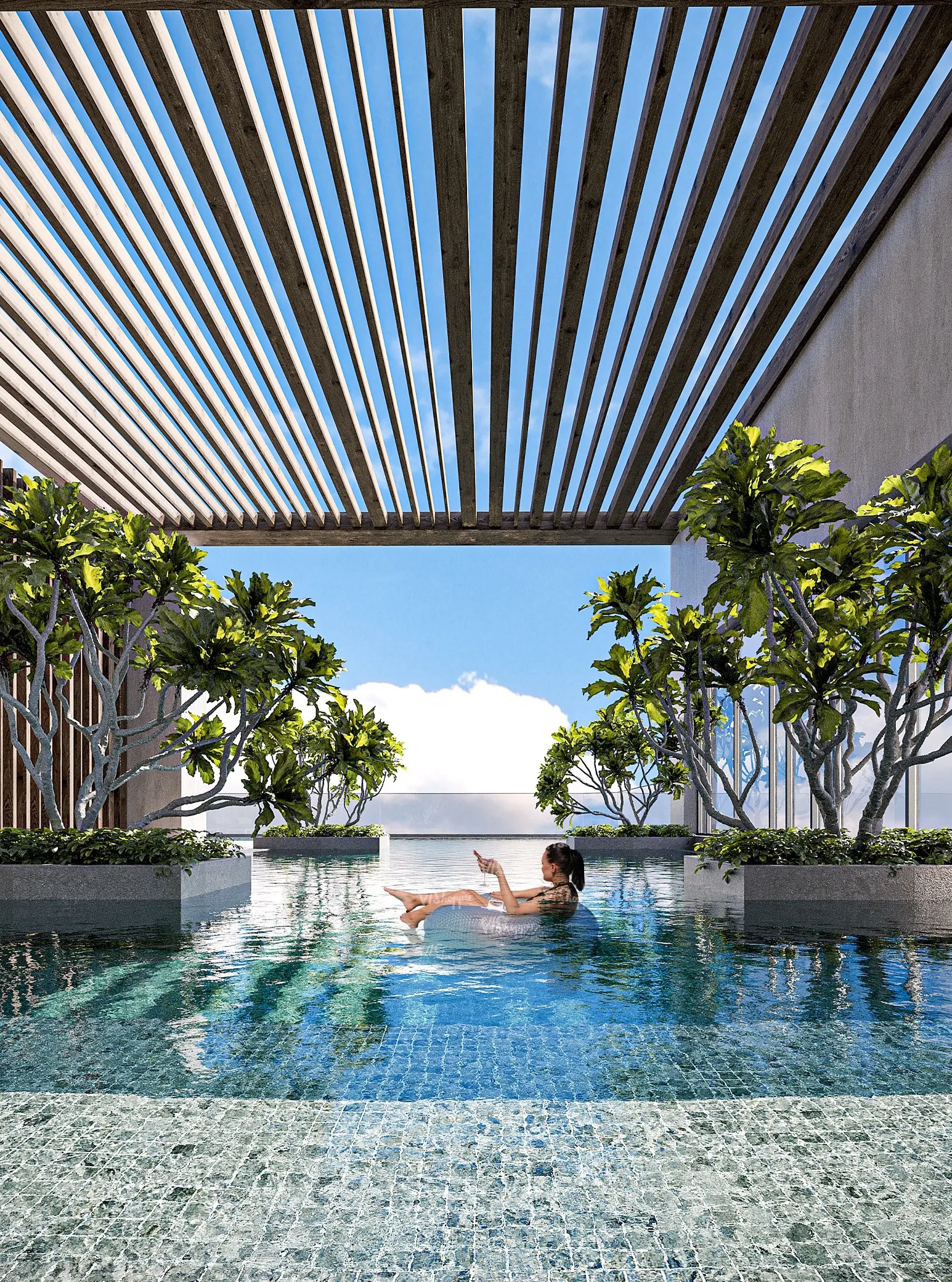 Бассейн Q Gardens Lofts под деревянной перголой